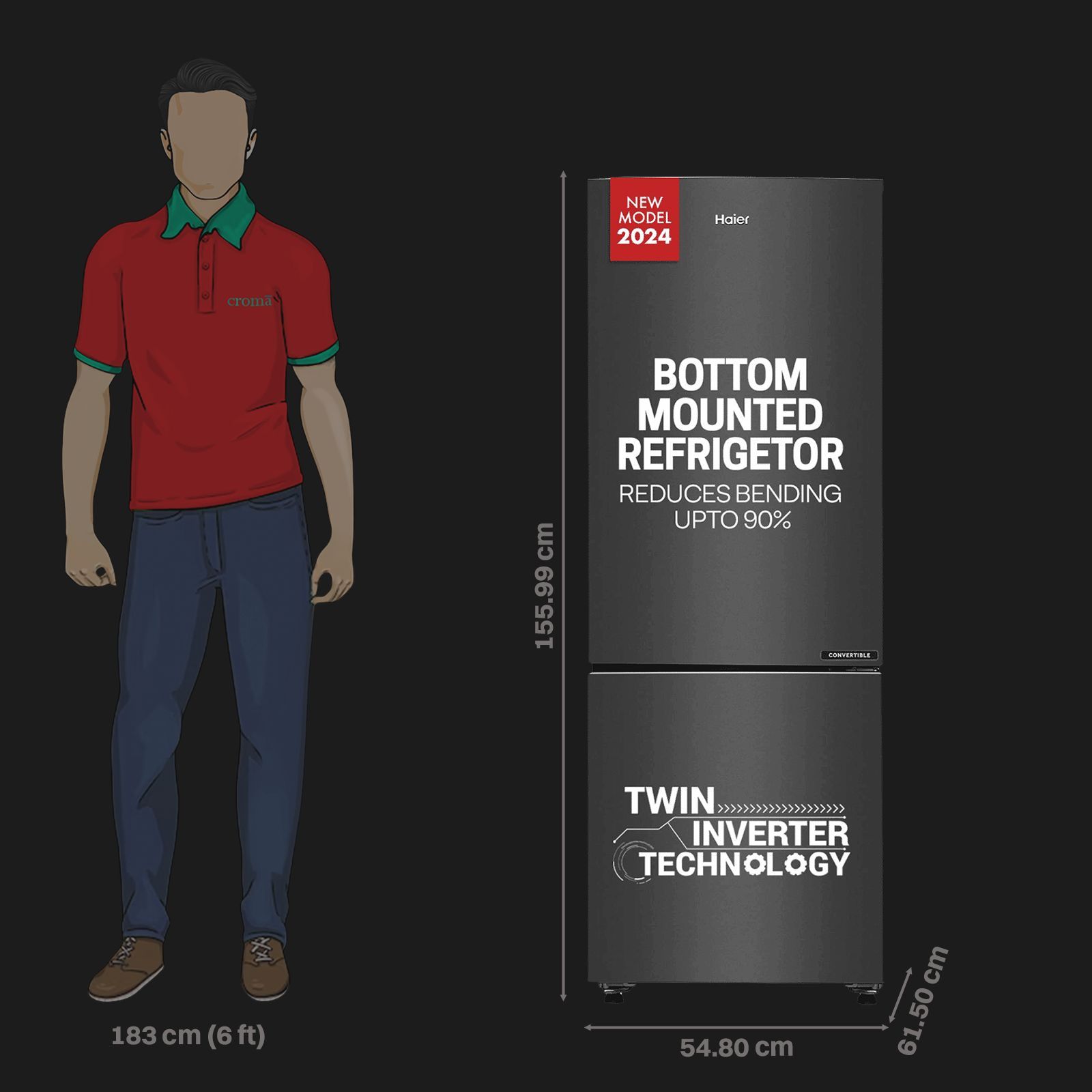 Haier 237 Litres 3 Star Frost Free Double Door Bottom Mount Convertible Refrigerator with Twin Inverter Technology (HEB243GBP, Black) Haier 237 Litres 3 Star Frost Free Double Door Bottom Mount Convertible Refrigerator with Twin Inverter Technology (HEB243GBP, Black)_2