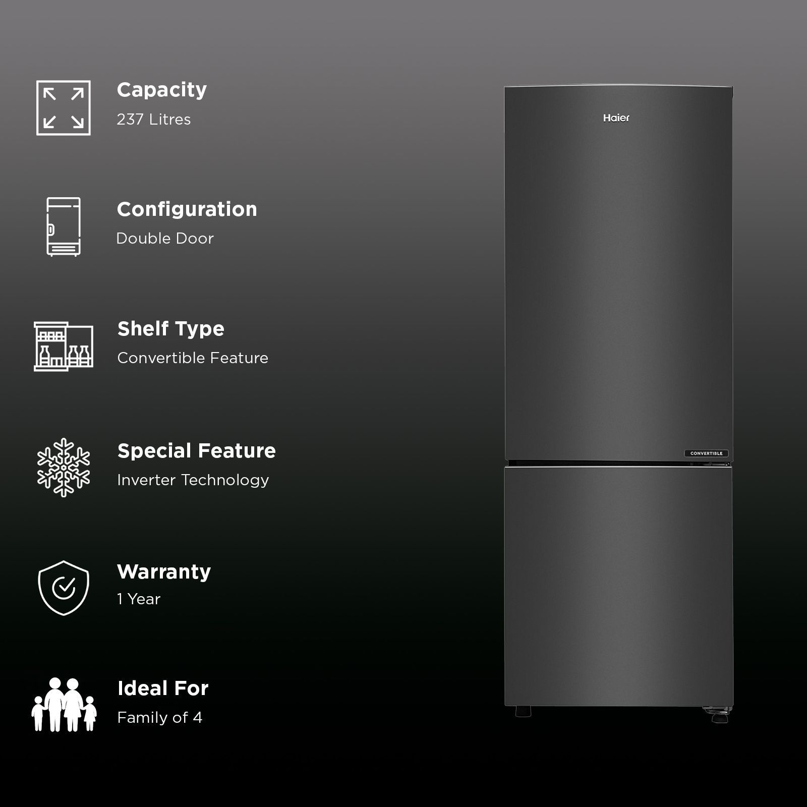 Haier 237 Litres 3 Star Frost Free Double Door Bottom Mount Convertible Refrigerator with Twin Inverter Technology (HEB243GBP, Black)_3