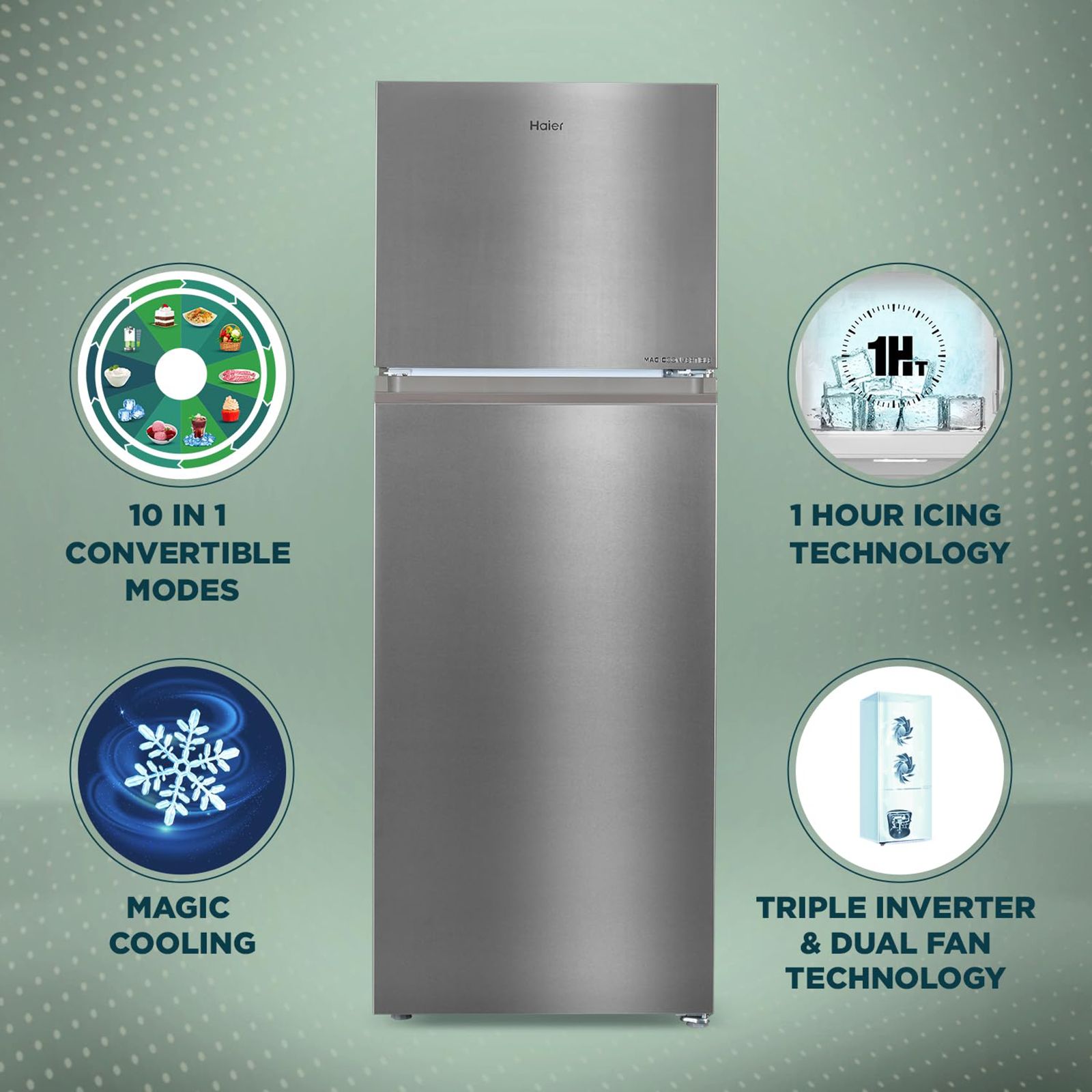 Haier 328 Litres 3 Star Frost Free Double Door Convertible Refrigerator with Fan Motor Technology (HEF333TSP, Inox Steel)_10