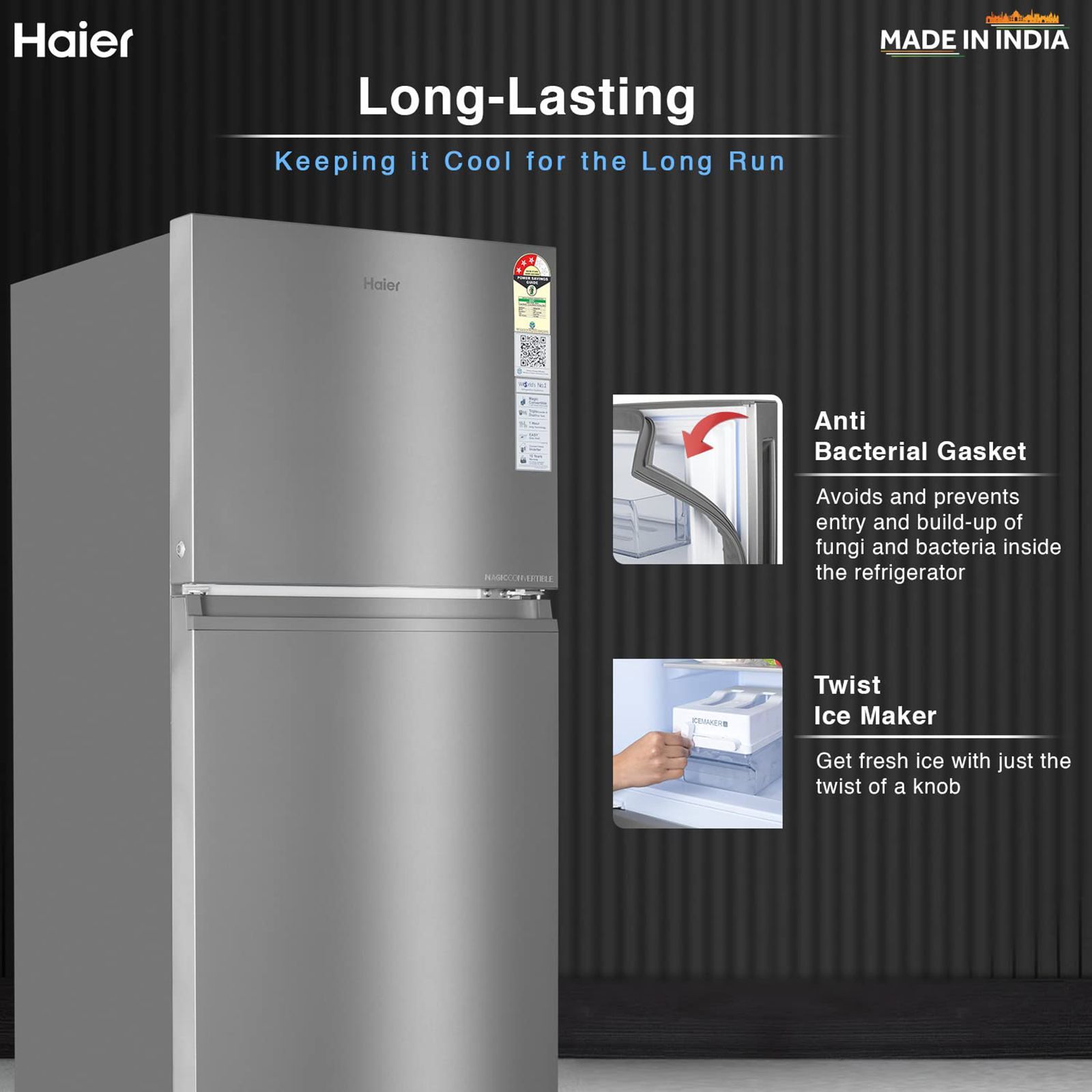 Haier 328 Litres 3 Star Frost Free Double Door Convertible Refrigerator with Fan Motor Technology (HEF333TSP, Inox Steel)_13