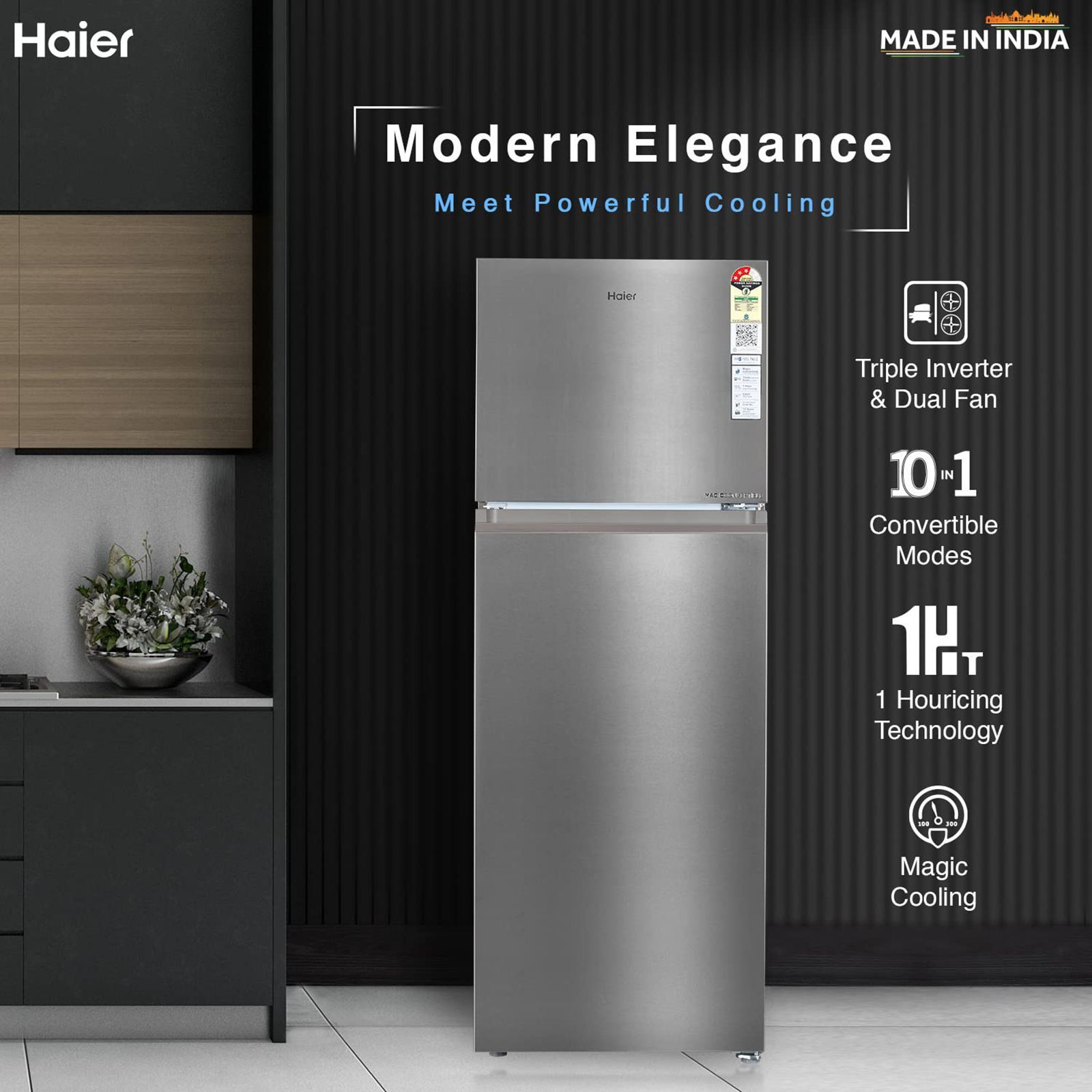 Haier 328 Litres 3 Star Frost Free Double Door Convertible Refrigerator with Fan Motor Technology (HEF333TSP, Inox Steel)_14