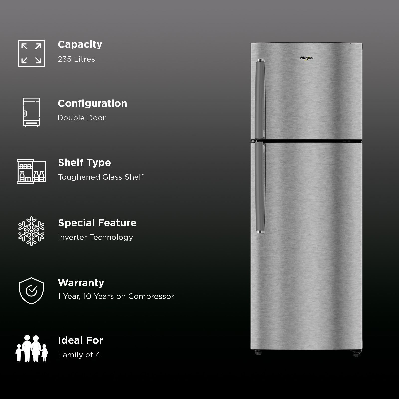 Whirlpool Intellifresh 235 Litres 2 Star Frost Free Double Door Refrigerator with IntelliSense Inverter Technology (21982, Athena Steel) Whirlpool Intellifresh 235 Litres 2 Star Frost Free Double Door Refrigerator with IntelliSense Inverter Technology (21982, Athena Steel)_3
