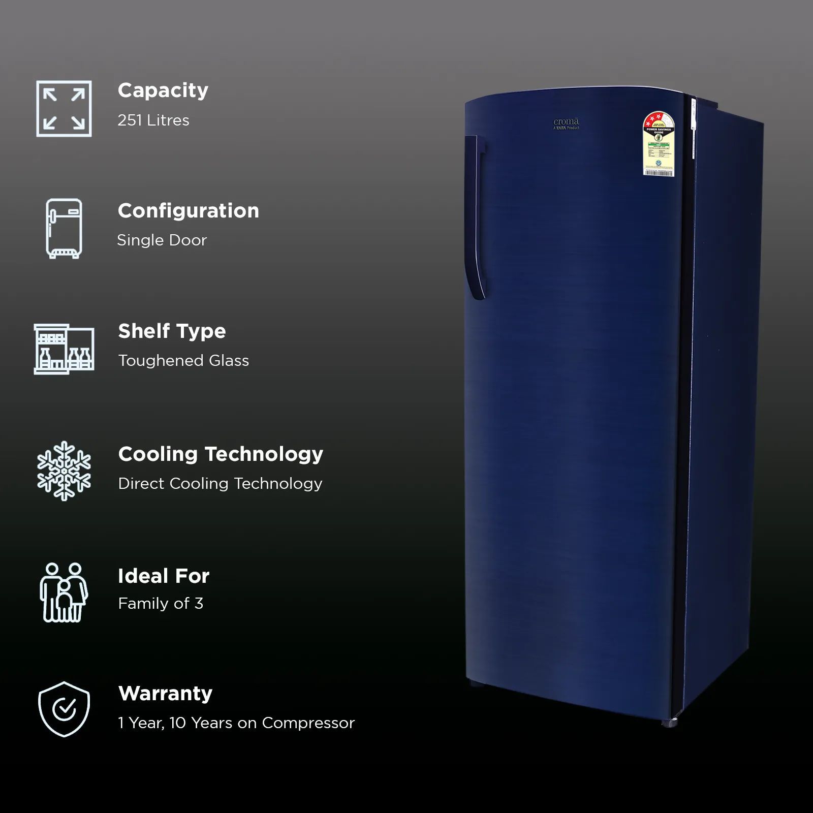 Croma 251 Litres 3 Star Direct Cool Single Door Refrigerator with Anti Fungal Gasket (CRLR251DIE302704, Blue) Croma 251 Litres 3 Star Direct Cool Single Door Refrigerator with Anti Fungal Gasket (CRLR251DIE302704, Blue)_2