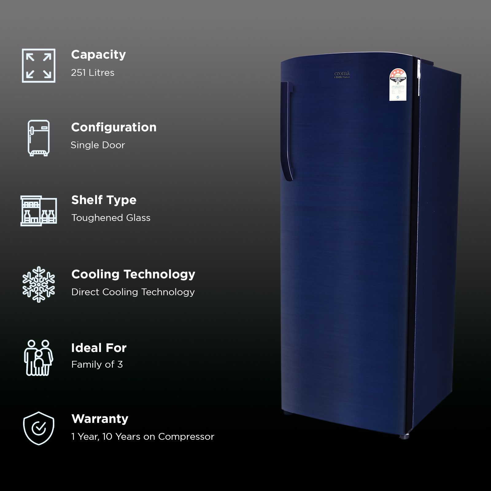 Croma 251 Litres 4 Star Direct Cool Single Door Refrigerator with Anti Fungal Gasket (CRLR251DIE302704, Blue)_2