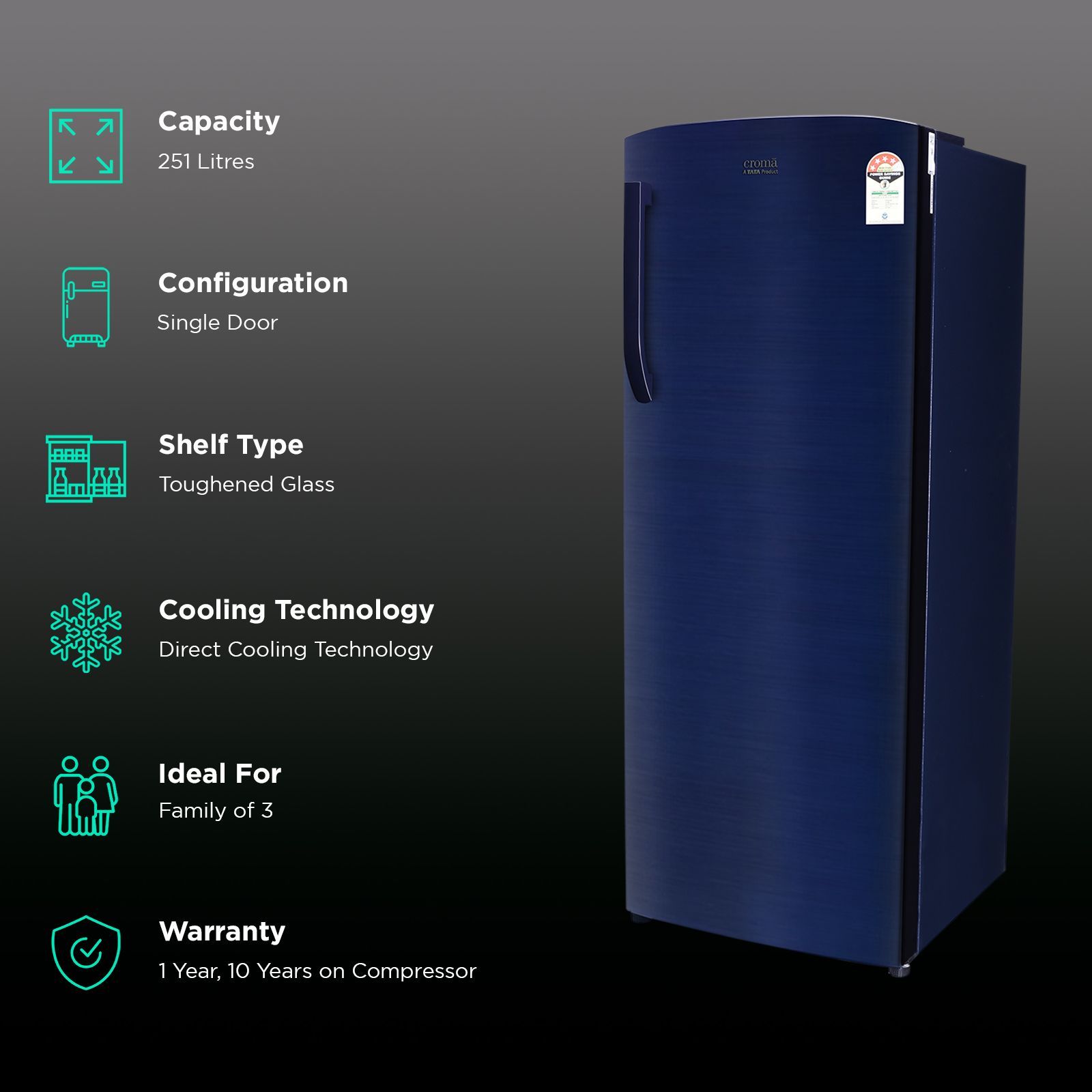 Croma 251 Litres 4 Star Direct Cool Single Door Refrigerator with Anti Fungal Gasket (CRLR251DIE302704, Blue)_2