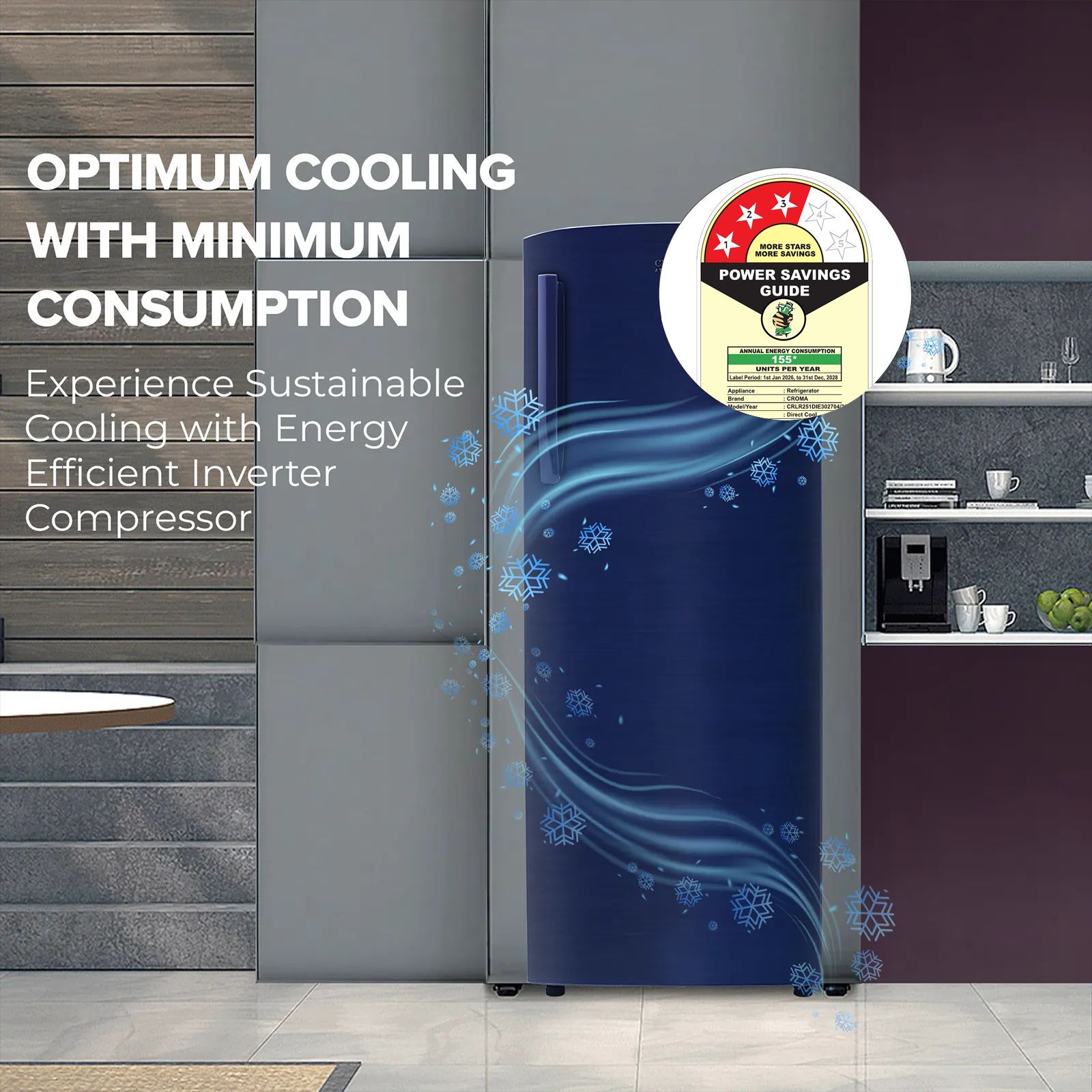 Croma 251 Litres 3 Star Direct Cool Single Door Refrigerator with Anti Fungal Gasket (CRLR251DIE302704, Blue) Croma 251 Litres 3 Star Direct Cool Single Door Refrigerator with Anti Fungal Gasket (CRLR251DIE302704, Blue)_6
