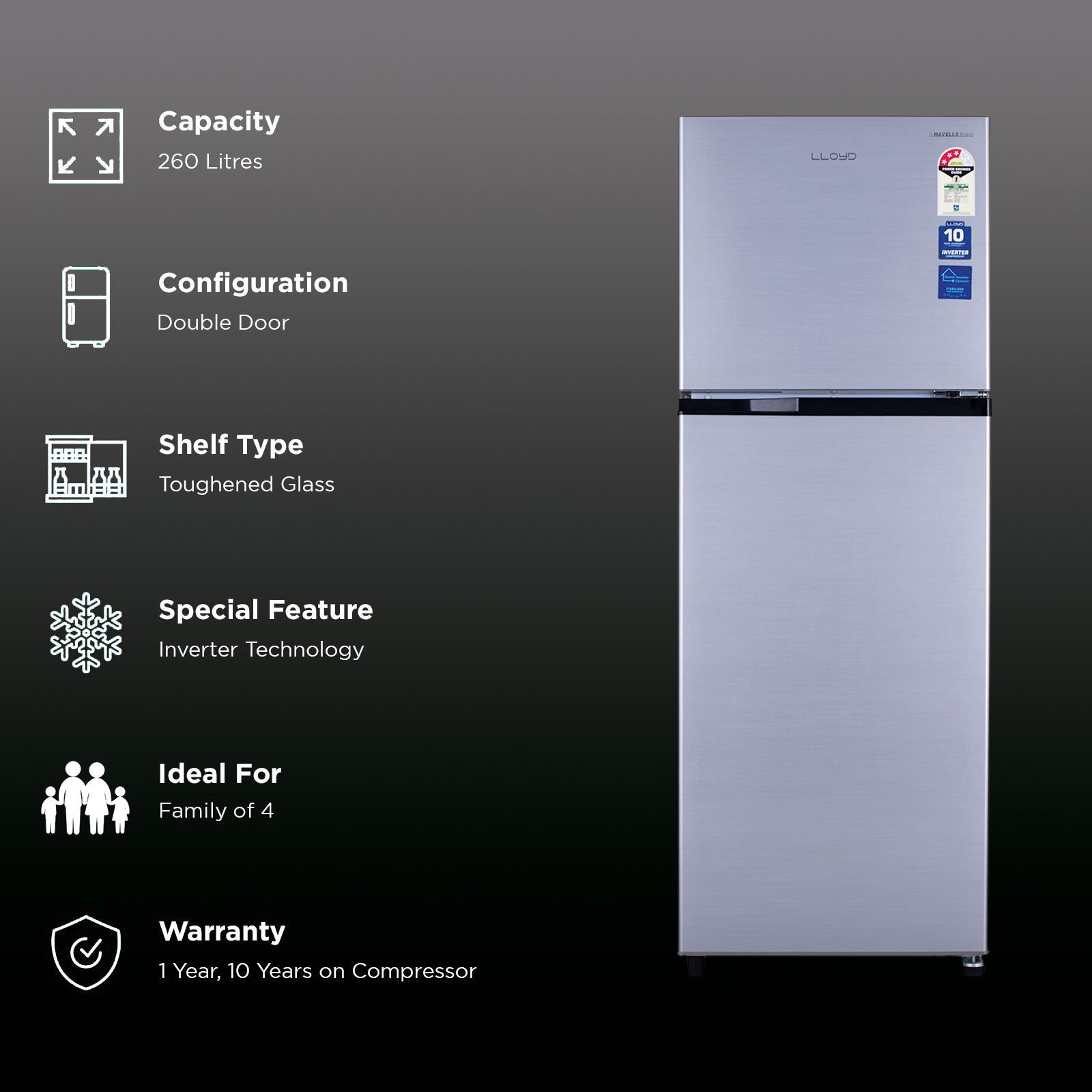 LLOYD 260 Litres 2 Star Frost Free Double Door Refrigerator with Ten Vent Technology (GLFF292AMST1GC, Metallic Silver)_2
