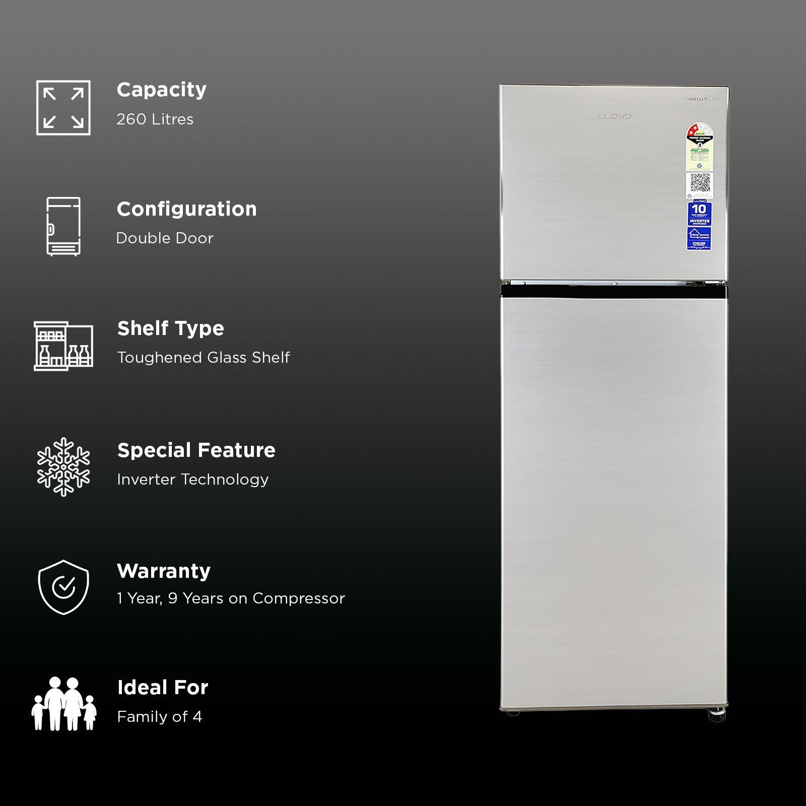 LLOYD 260 Litres 2 Star Frost Free Double Door Refrigerator with Bactsheild Technology (GLFF272AT1GC, Metallic Silver)_3