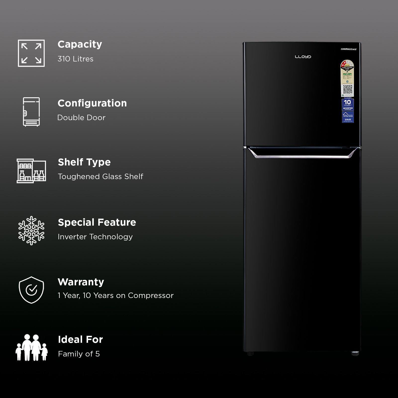 LLOYD 310 Litres 2 Star Frost Free Double Door Convertible Refrigerator with Bactsheild Technology (GLFF342AMBC1GC, Metallic Black) LLOYD 310 Litres 2 Star Frost Free Double Door Convertible Refrigerator with Bactsheild Technology (GLFF342AMBC1GC, Metallic Black)_2