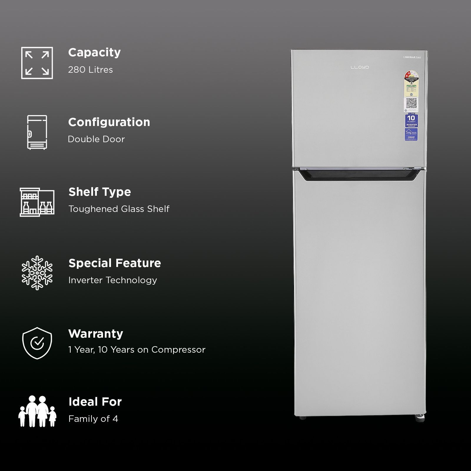 LLOYD 280 Litres 2 Star Frost Free Double Door Refrigerator with Ten Vent Technology (GLFF312AGST1GC, Graphite Steel)_3