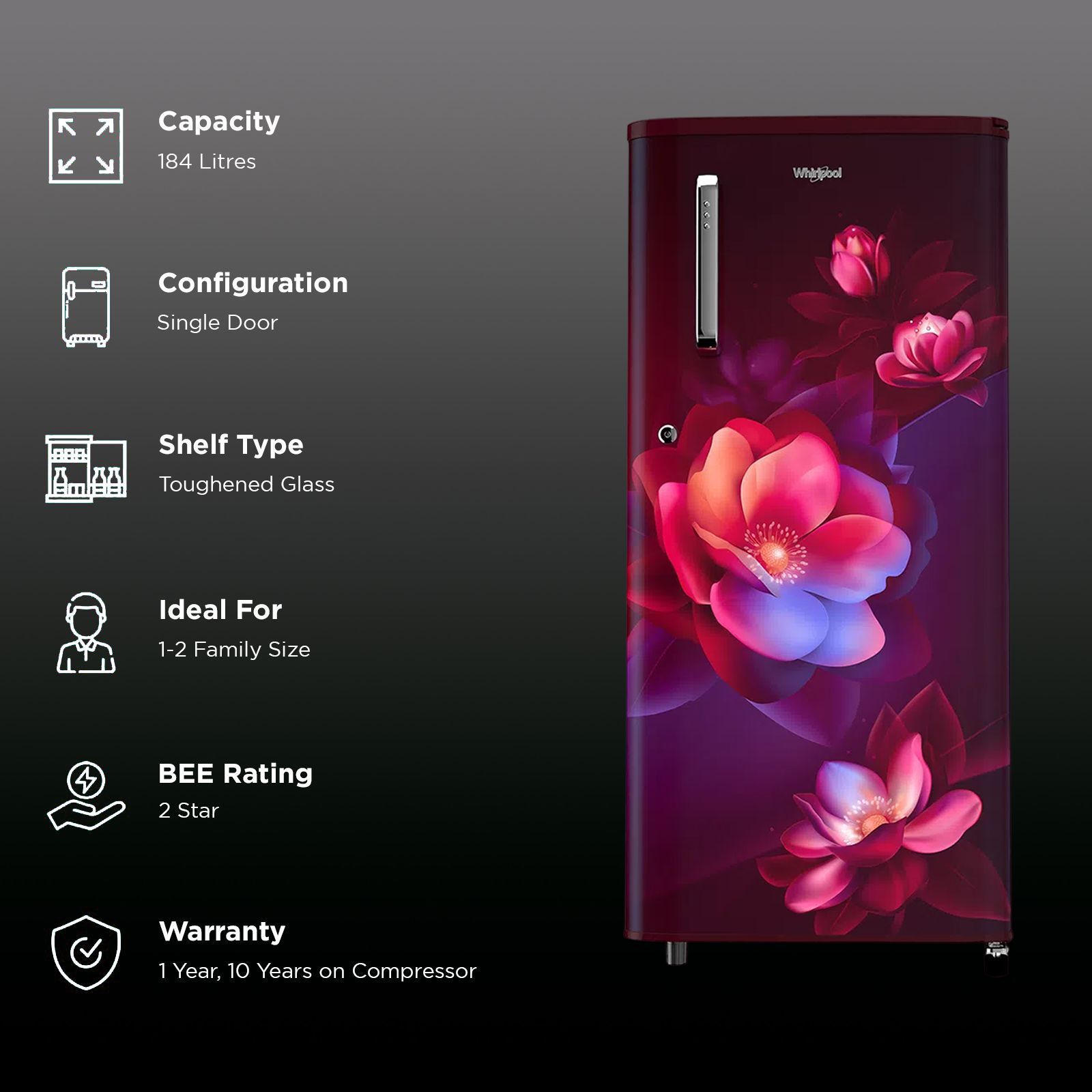 Whirlpool WDE 184 Litres 2 Star Direct Cool Single Door Refrigerator with Anti Bacterial Gasket (72680, Wine Bloom)_2
