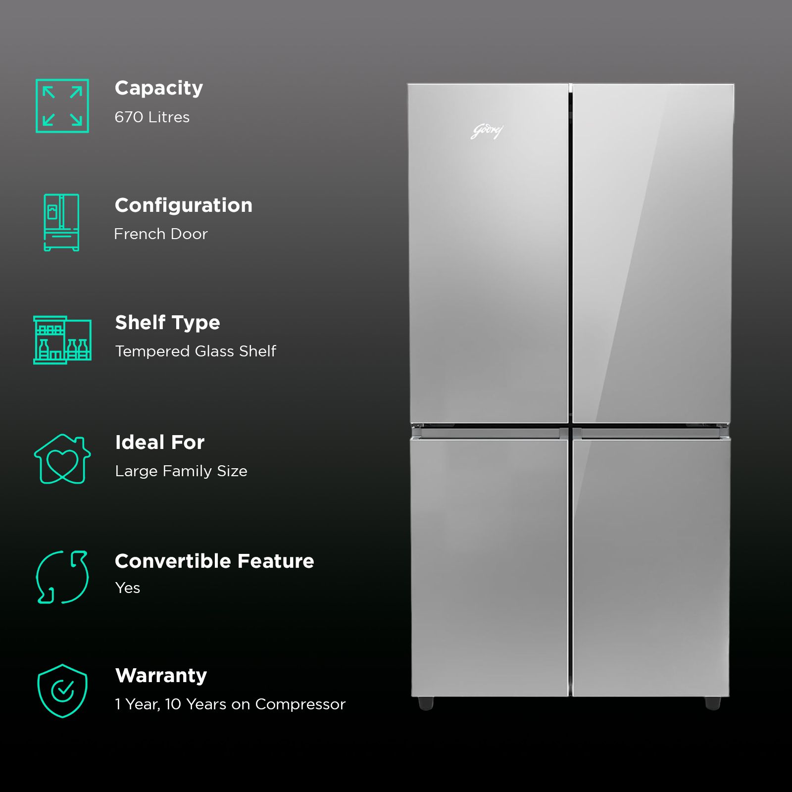 Godrej Eon Velvet 670 Litres Frost Free French Door Convertible Refrigerator with Dual Tech Cooling (RM EONVELVET 685 RIT IN ST, Inox Steel)_2