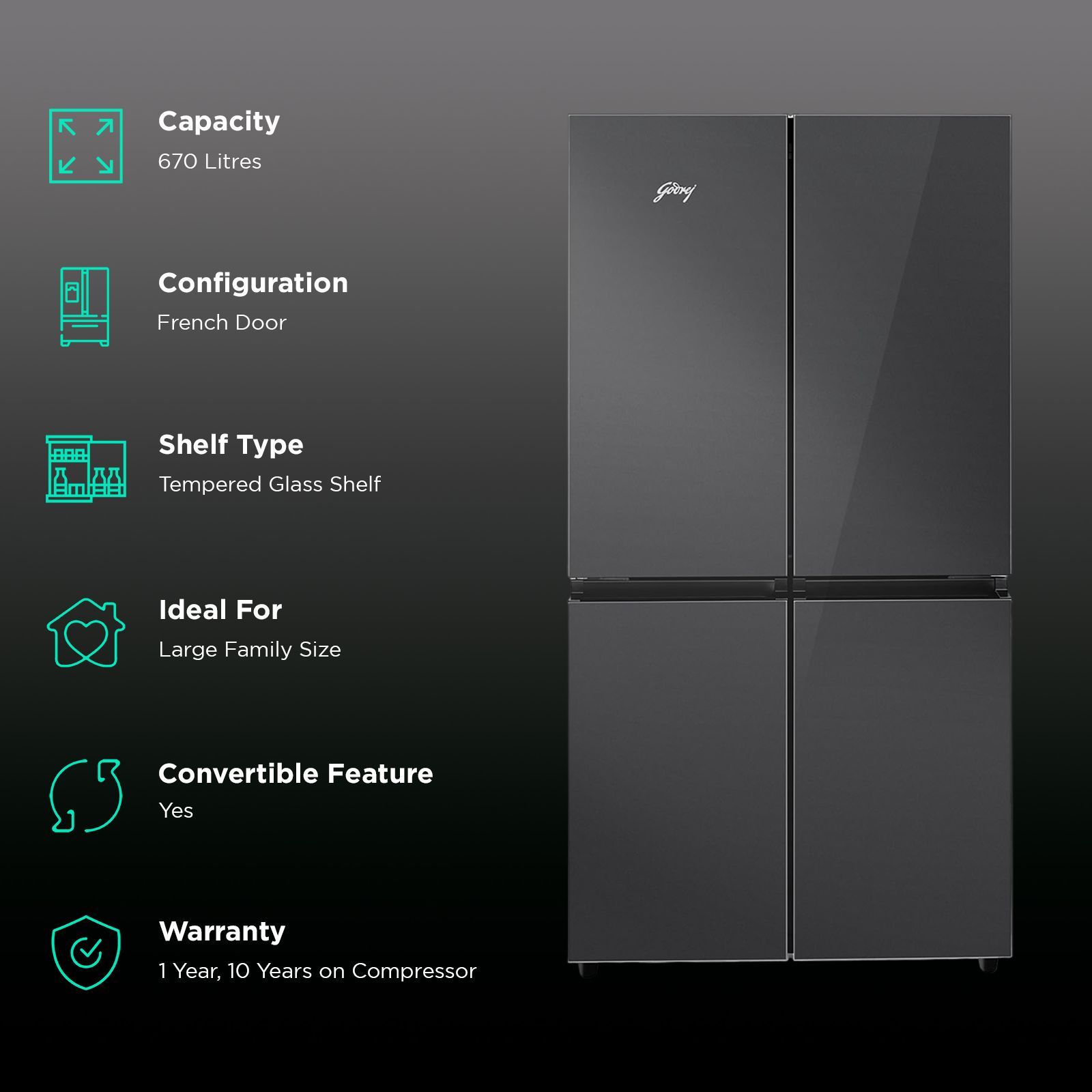 Godrej Eon Velvet 670 Litres Frost Free French Door Convertible Refrigerator with Dual Tech Cooling (RM EONVELVET 685 RIT GR BK, Graphite Black)_2