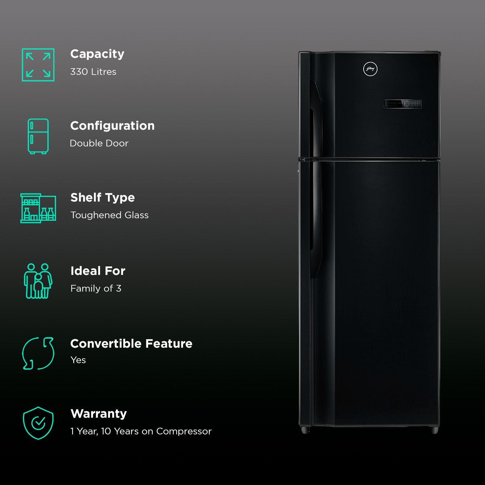 Godrej Eon Vibe 330 Litres 2 Star Frost Free Double Door Convertible Refrigerator with Nano Shield Technology (RT EONVIBE 366B HCIT, Matt Black)_2