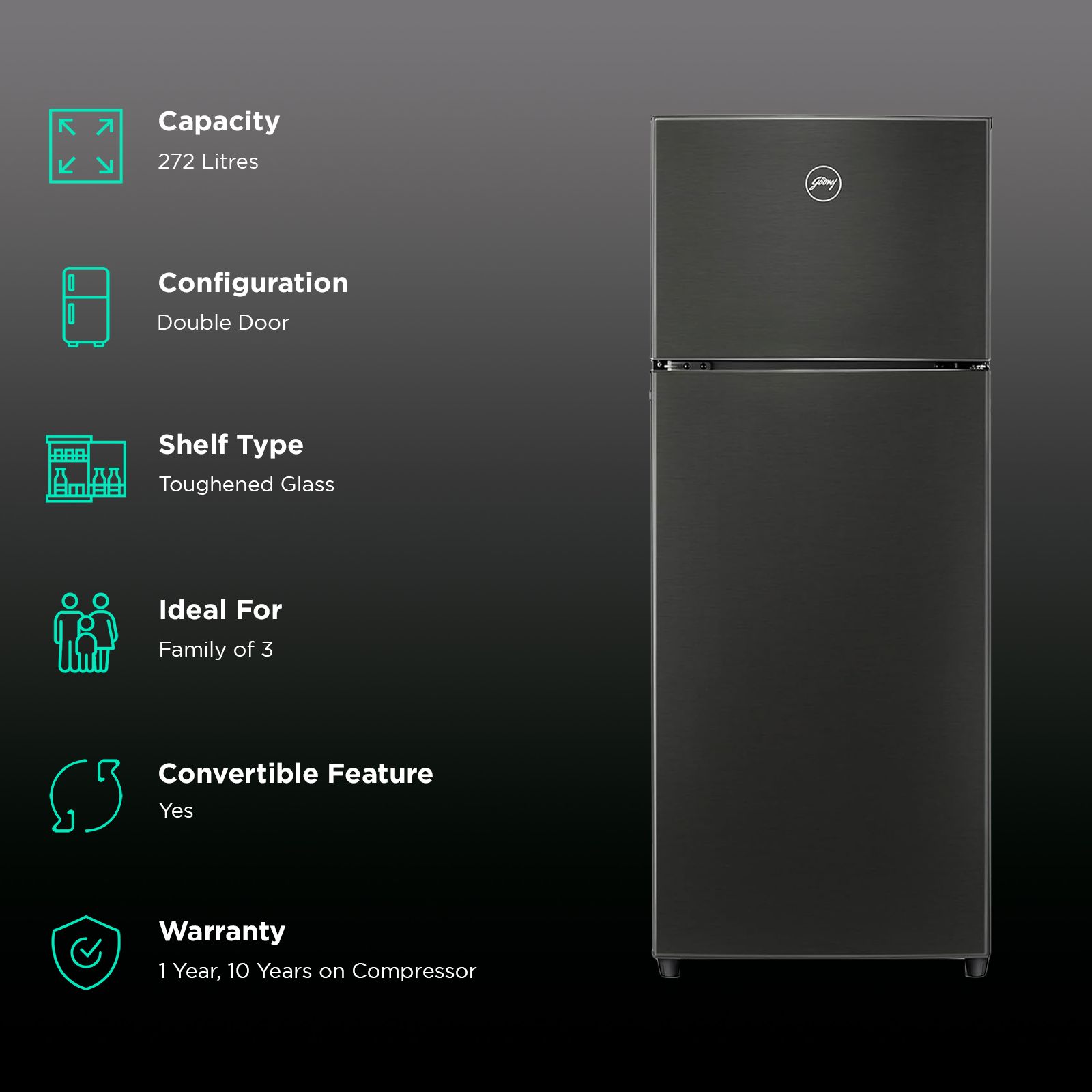 Godrej Eon Valor 272 Litres 2 Star Frost Free Double Door Convertible Refrigerator with Cool Balance Technology (RT EONVALOR 310B RCIT, Fossil Steel) Godrej Eon Valor 272 Litres 2 Star Frost Free Double Door Convertible Refrigerator with Cool Balance Technology (RT EONVALOR 310B RCIT, Fossil Steel)_2