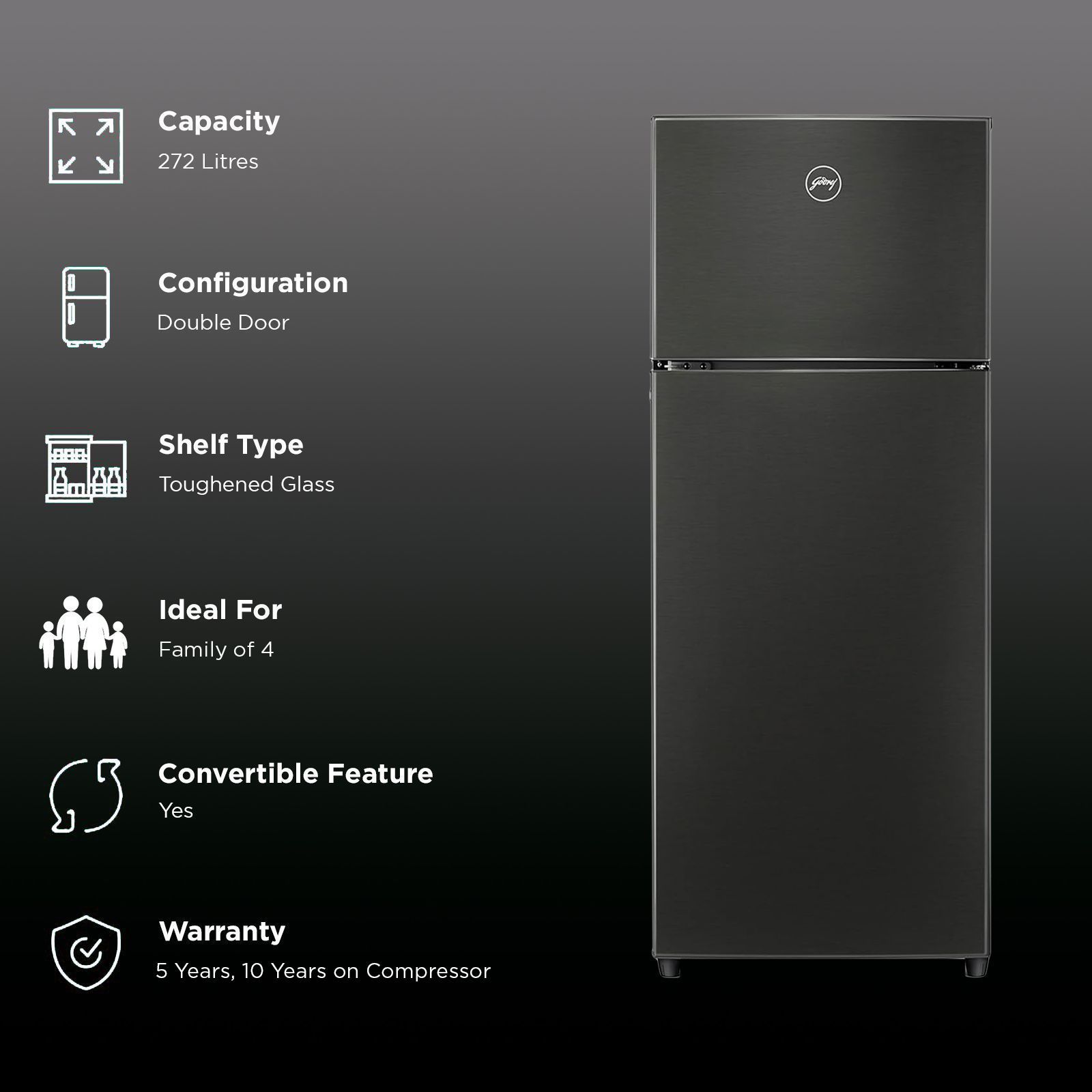 Godrej Eon Valor 272 Litres 2 Star Frost Free Double Door Convertible Refrigerator with Cool Balance Technology (RT EONVALOR 310B RCIT, Fossil Steel)_2
