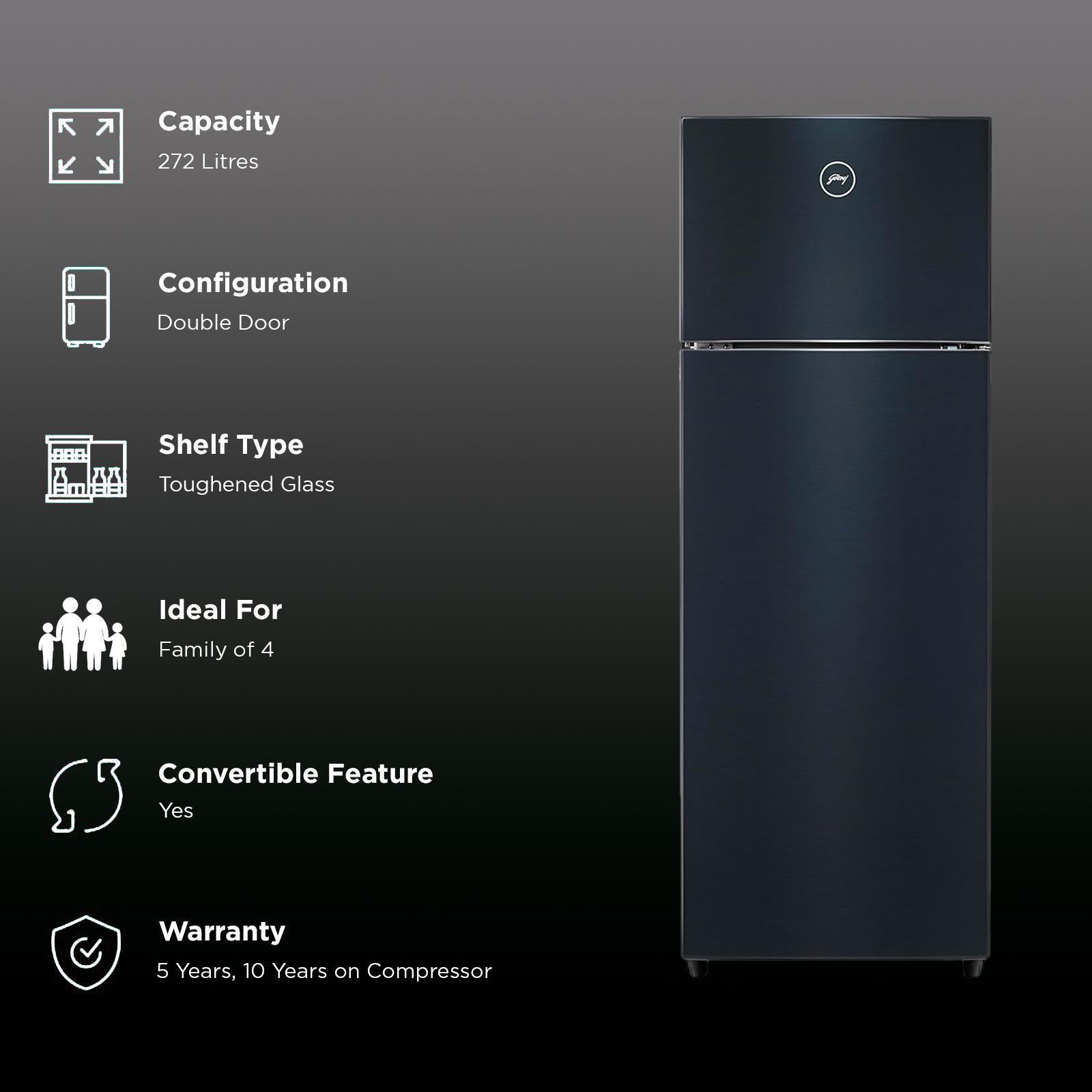 Godrej Eon Valor 272 Litres 2 Star Frost Free Double Door Convertible Refrigerator with Cool Balance Technology (RT EONVALOR 310B RCIT, Matt Black) Godrej Eon Valor 272 Litres 2 Star Frost Free Double Door Convertible Refrigerator with Cool Balance Technology (RT EONVALOR 310B RCIT, Matt Black)_2