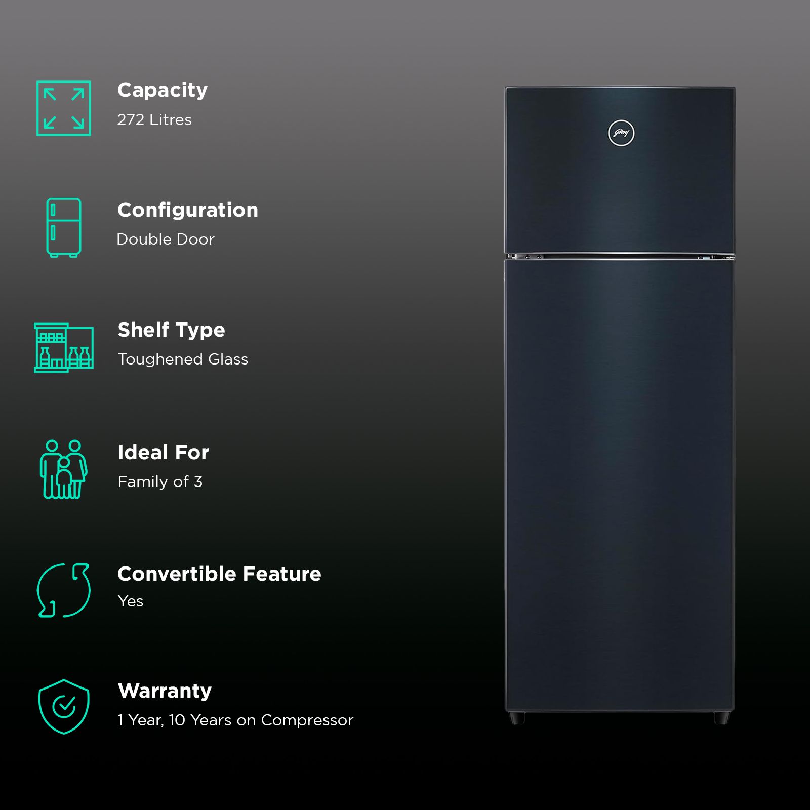 Godrej Eon Valor 272 Litres 2 Star Frost Free Double Door Convertible Refrigerator with Cool Balance Technology (RT EONVALOR 310B RCIT, Matt Black) Godrej Eon Valor 272 Litres 2 Star Frost Free Double Door Convertible Refrigerator with Cool Balance Technology (RT EONVALOR 310B RCIT, Matt Black)_2