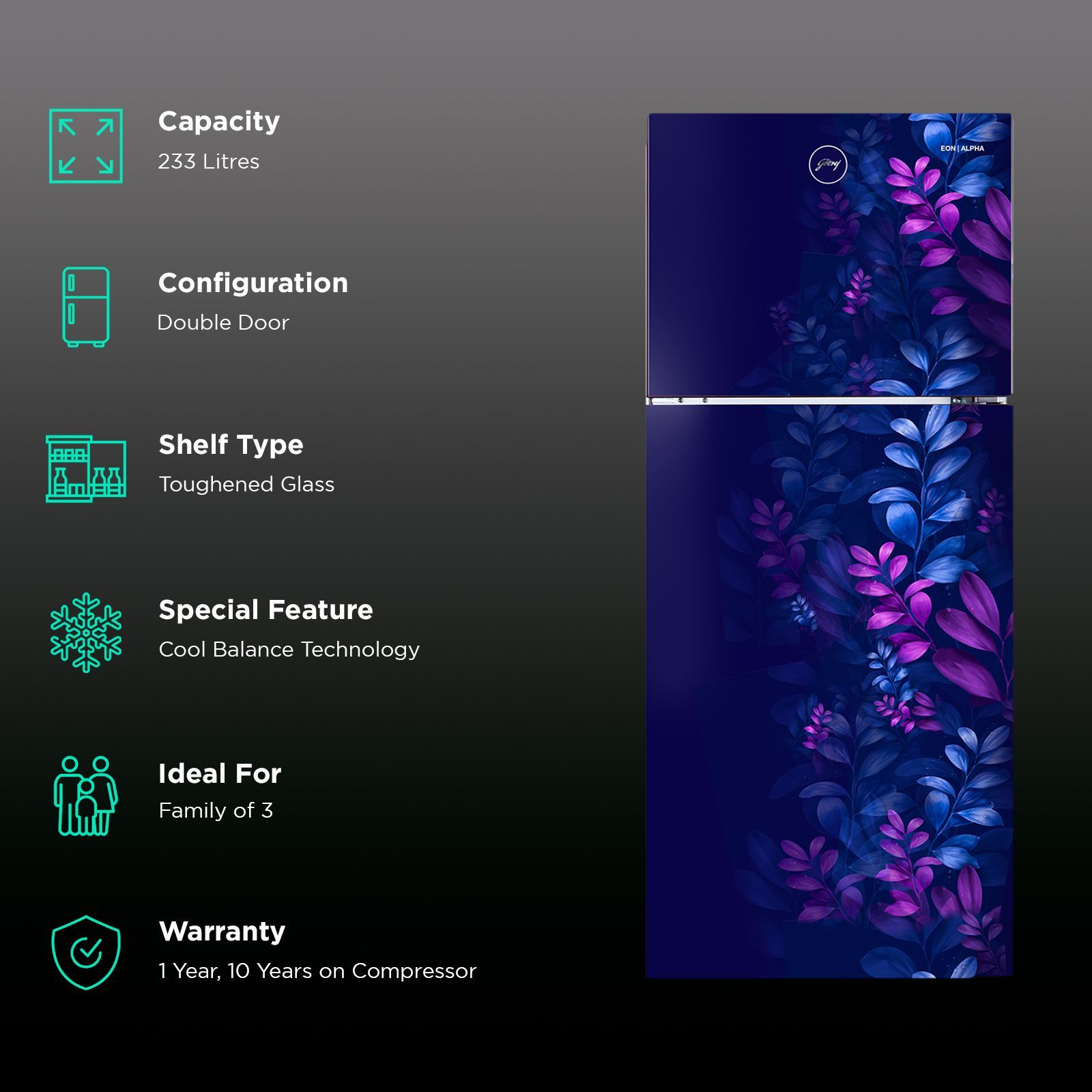 Godrej Eon Alpha 233 Litres 2 Star Frost Free Double Door Refrigerator with Cool Balance Technology (RT EONALPHA 270B RI, Aria Blue)_2