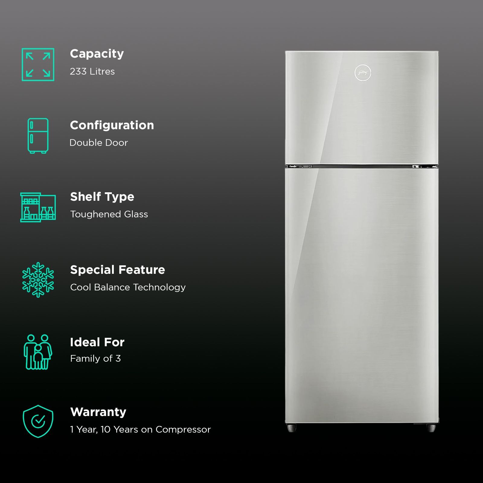 Godrej Eon Alpha 233 Litres 2 Star Frost Free Double Door Refrigerator with Cool Balance Technology (RT EONALPHA 270B RI, Steel Glow)_2