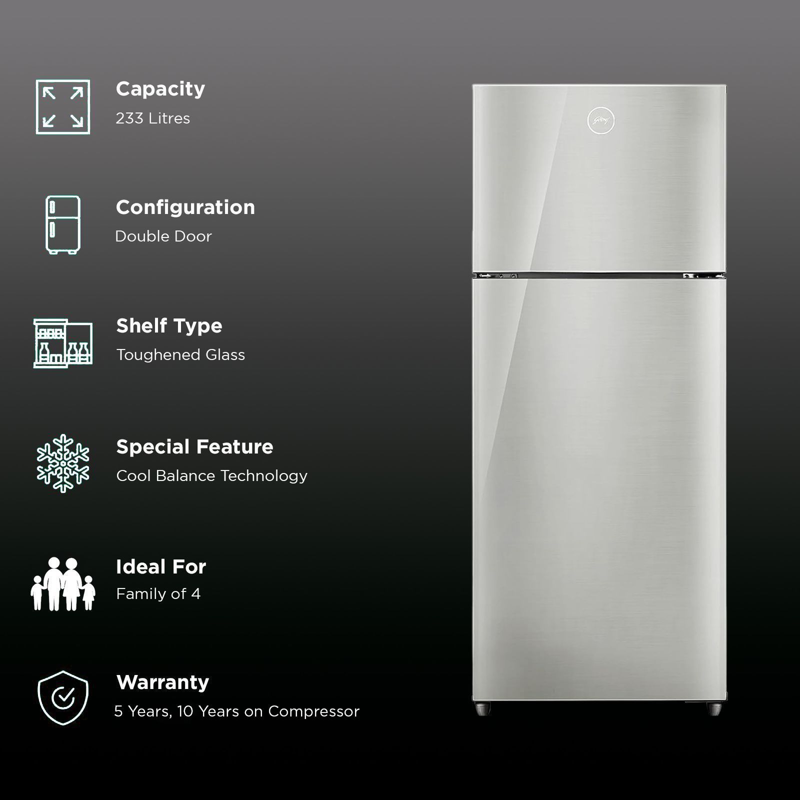 Godrej Eon Alpha 233 Litres 2 Star Frost Free Double Door Refrigerator with Cool Balance Technology (RT EONALPHA 270B RI, Steel Glow) Godrej Eon Alpha 233 Litres 2 Star Frost Free Double Door Refrigerator with Cool Balance Technology (RT EONALPHA 270B RI, Steel Glow)_2