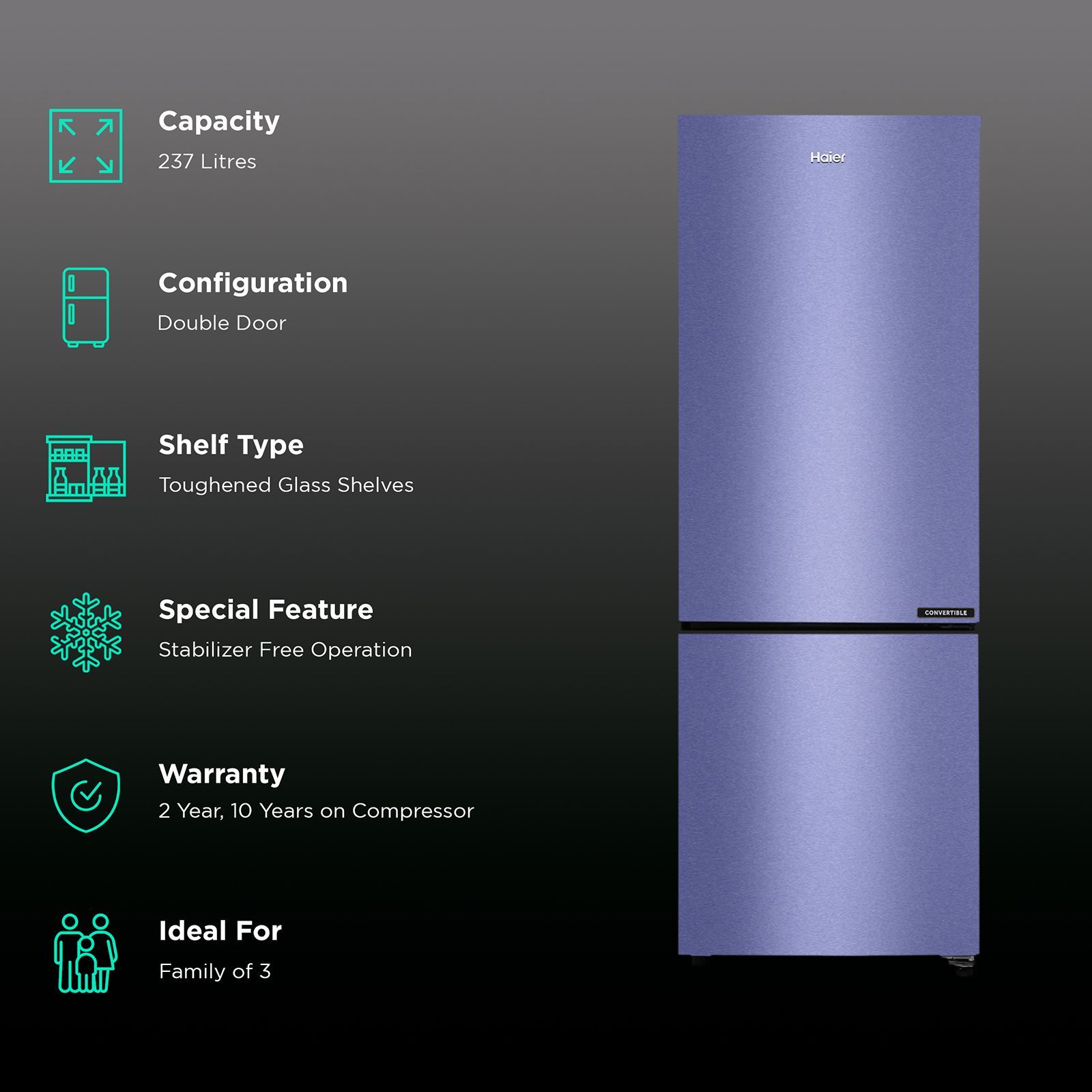 Haier 237 Litres 2 Star Frost Free Double Door Bottom Mount Convertible Refrigerator with Turbo Icing (HRB-2872BSI-P, Storm Inox) Haier 237 Litres 2 Star Frost Free Double Door Bottom Mount Convertible Refrigerator with Turbo Icing (HRB-2872BSI-P, Storm Inox)_2