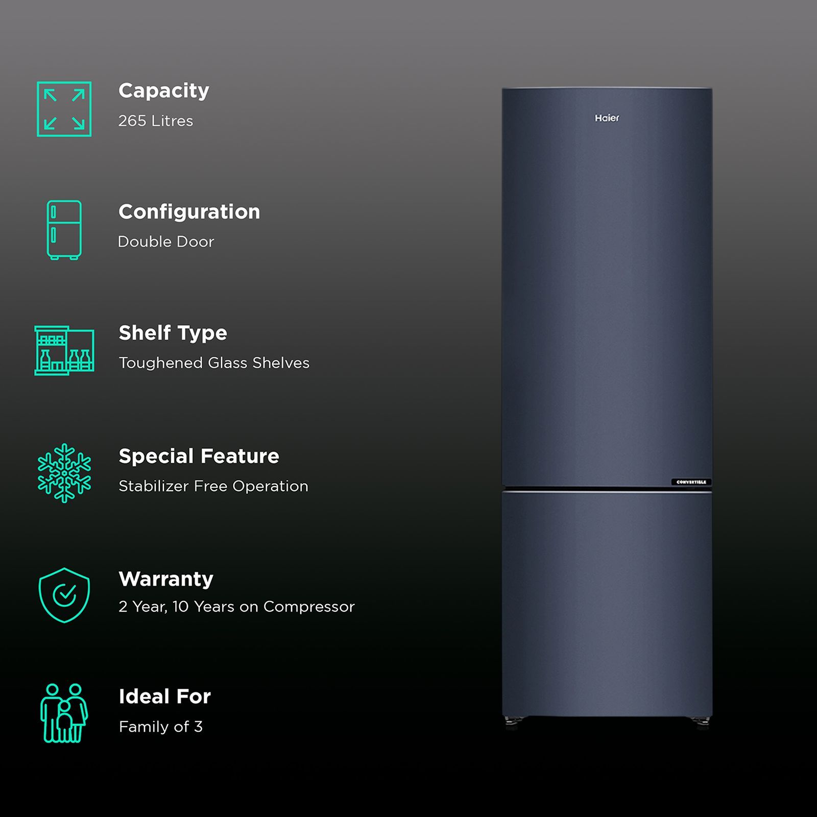 Haier 265 Litres 2 Star Frost Free Double Door Bottom Mount Convertible Refrigerator with Turbo Icing (HRB-3152BGK-P, Graphite Black)_2