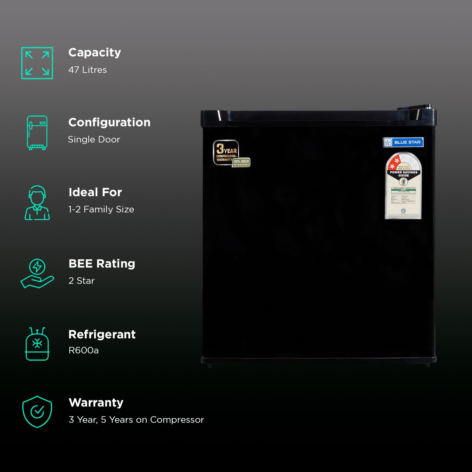 Blue Star Mini Bar 47 Litres 2 Star Direct Cool Single Door Refrigerator with Temperature Control Dial (MR60-GB, Black) Blue Star Mini Bar 47 Litres 2 Star Direct Cool Single Door Refrigerator with Temperature Control Dial (MR60-GB, Black)_2