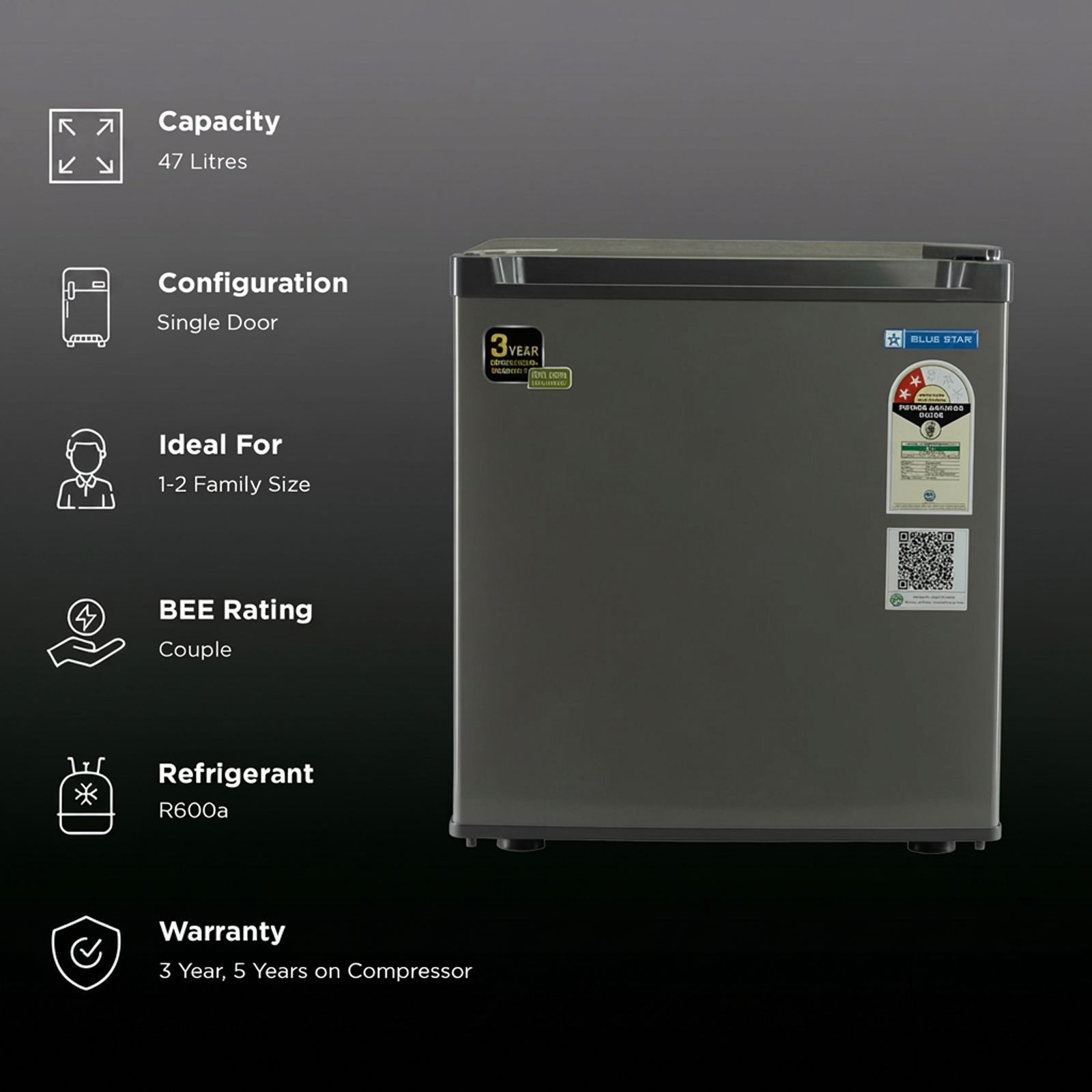 Blue Star Mini Bar 47 Litres 2 Star Direct Cool Single Door Refrigerator with Temperature Control Dial (MR60-GG, Grey)_2