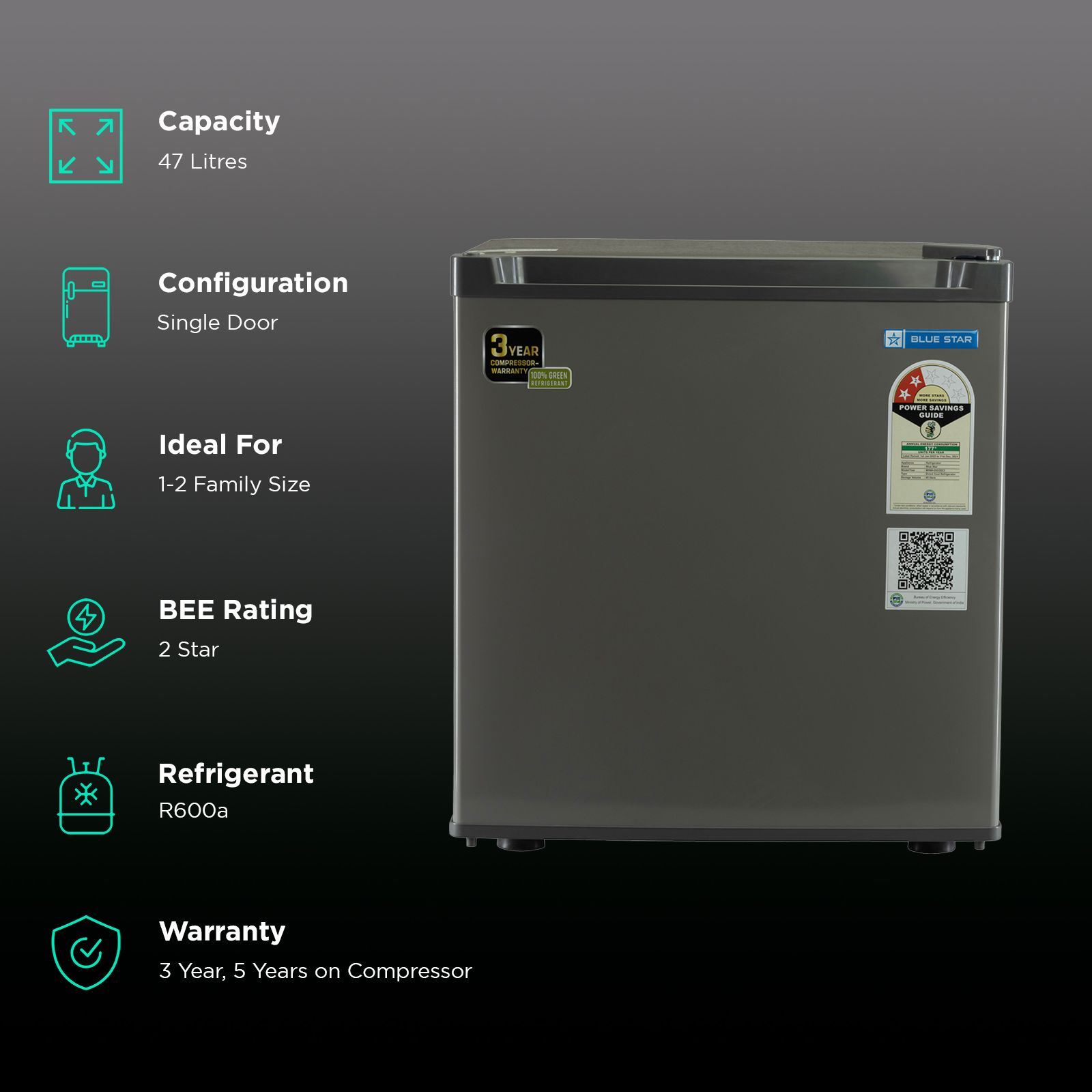 Blue Star Mini Bar 47 Litres 2 Star Direct Cool Single Door Refrigerator with Temperature Control Dial (MR60-GG, Grey)_2