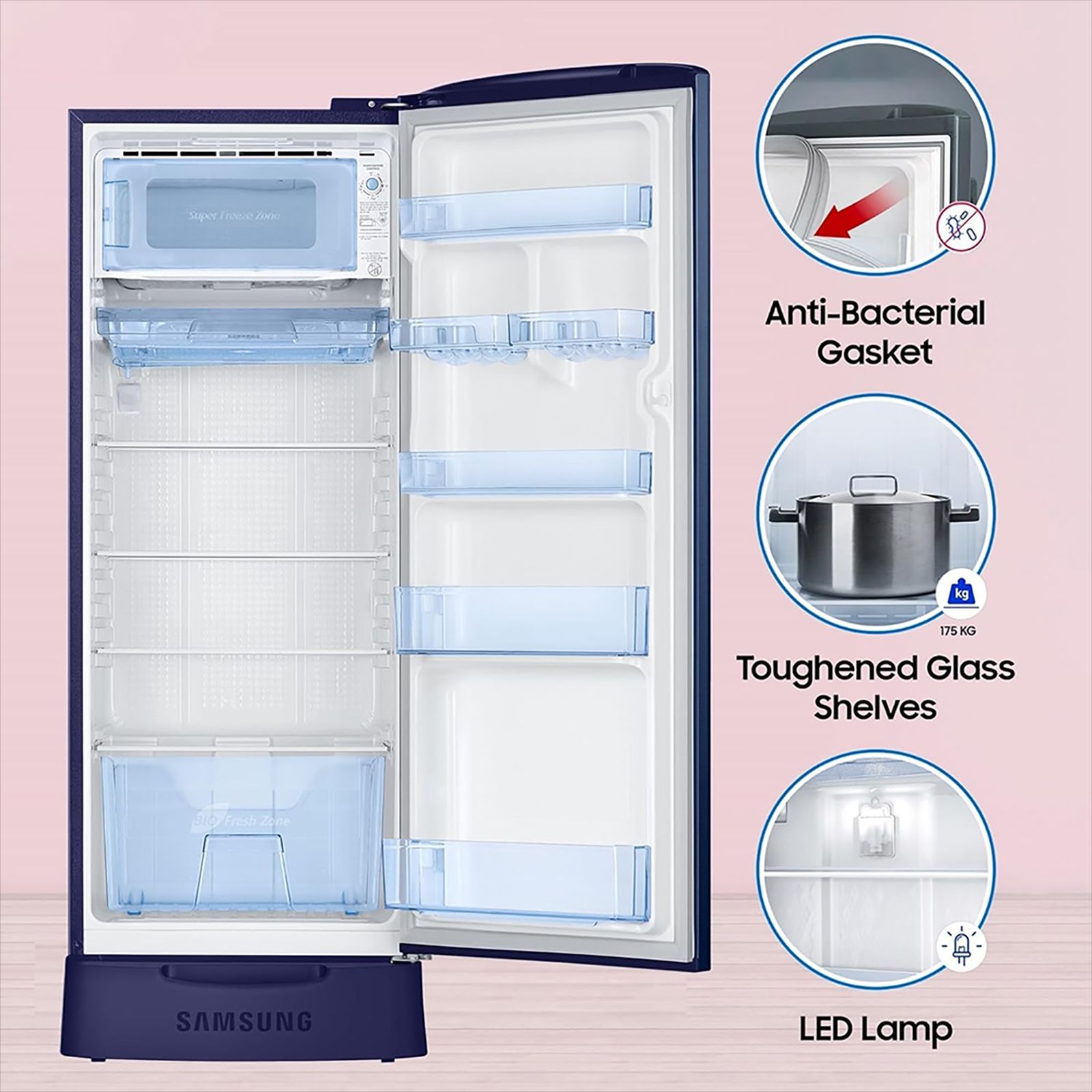 SAMSUNG Stylish Grande 223 Litres3 Star Direct Cool Single Door Refrigerator with Anti Bacterial Gasket (RR24D2Z23CU/NL, Camellia Blue)_14