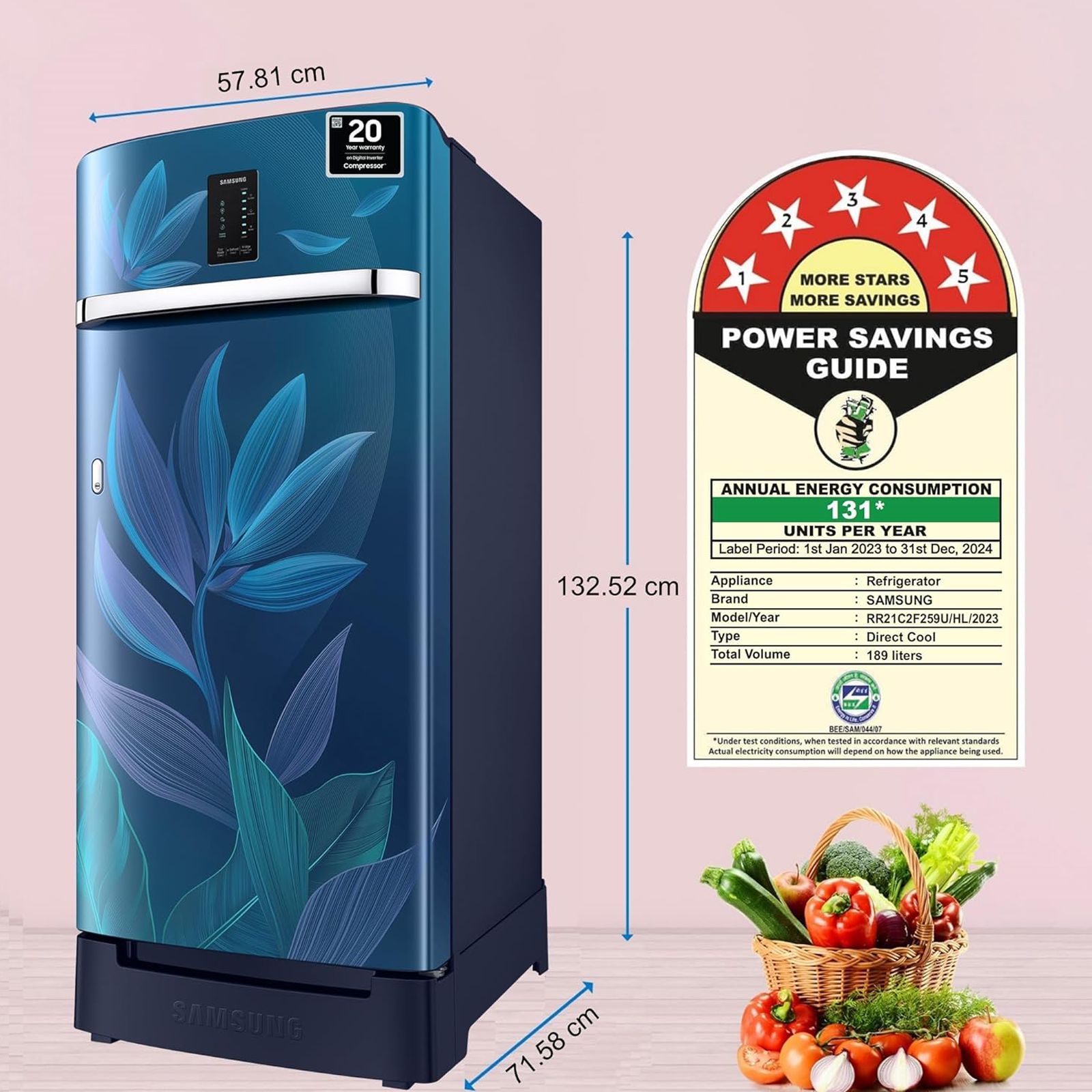 SAMSUNG Digi-Touch Cool 189 Litres 5 Star Direct Cool Single Door Refrigerator with Anti Bacterial Gasket (RR21C2F259U/HL, Paradise Bloom Blue) SAMSUNG Digi-Touch Cool 189 Litres 5 Star Direct Cool Single Door Refrigerator with Anti Bacterial Gasket (RR21C2F259U/HL, Paradise Bloom Blue)_13