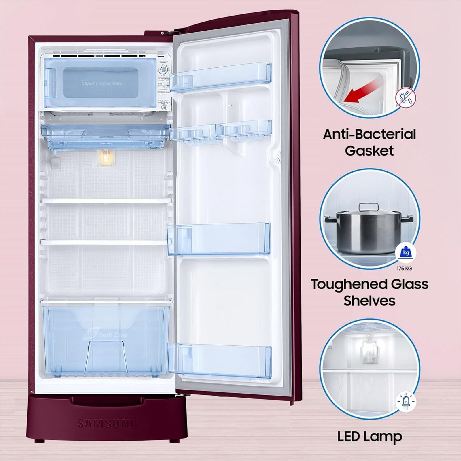 SAMSUNG Stylish Grande 183 Litres 5 Star Direct Cool Single Door Refrigerator with Anti Bacterial Gasket (RR20D2825HN/NL, Himalaya Poppy Red) SAMSUNG Stylish Grande 183 Litres 5 Star Direct Cool Single Door Refrigerator with Anti Bacterial Gasket (RR20D2825HN/NL, Himalaya Poppy Red)_16