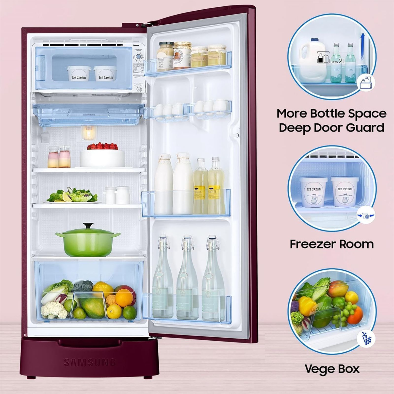 SAMSUNG Stylish Grande 183 Litres 5 Star Direct Cool Single Door Refrigerator with Anti Bacterial Gasket (RR20D2825HN/NL, Himalaya Poppy Red) SAMSUNG Stylish Grande 183 Litres 5 Star Direct Cool Single Door Refrigerator with Anti Bacterial Gasket (RR20D2825HN/NL, Himalaya Poppy Red)_21