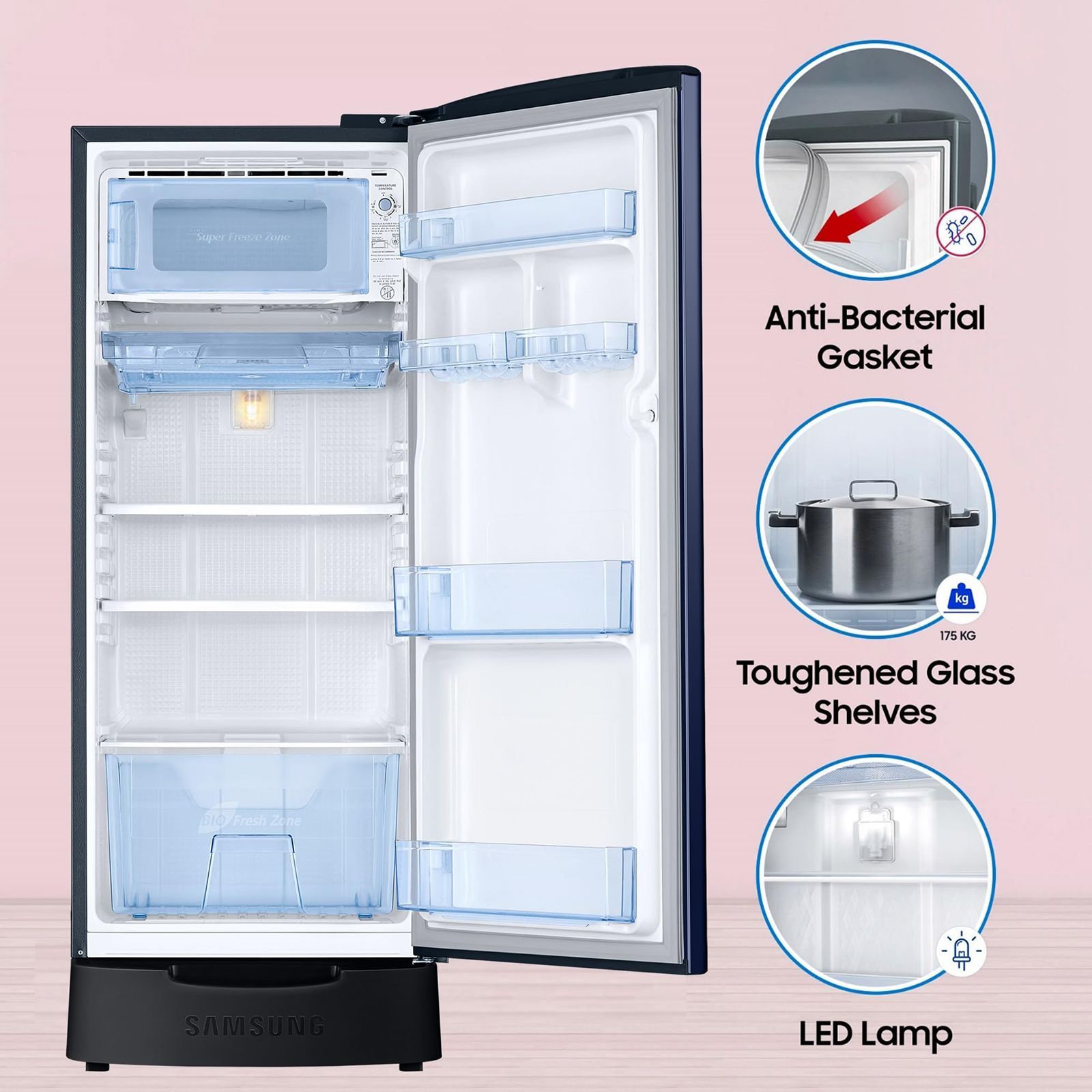SAMSUNG Stylish Grande 183 Litres 5 Star Direct Cool Single Door Refrigerator with Anti Bacterial Gasket (RR20D2825HV/NL, Blue Arctic)_19