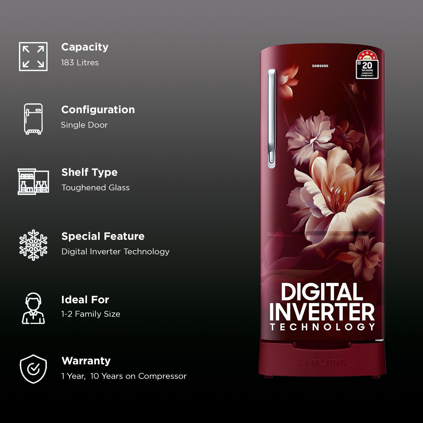 SAMSUNG Stylish Grande 183 Litres 5 Star Direct Cool Single Door Refrigerator with Anti Bacterial Gasket (RR20D2825RZ/NL, Burgundy Red)_2