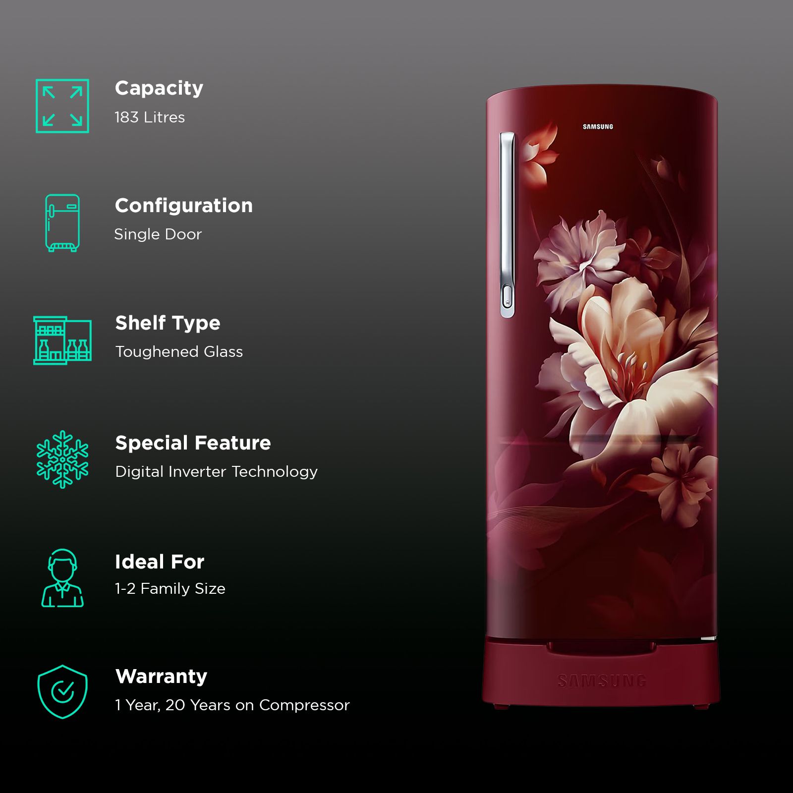 SAMSUNG Stylish Grande 183 Litres 5 Star Direct Cool Single Door Refrigerator with Anti Bacterial Gasket (RR20D2825RZ/NL, Burgundy Red)_2