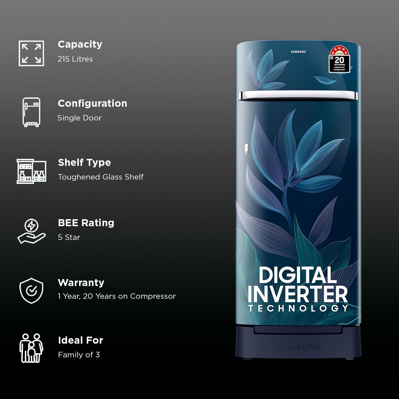 SAMSUNG Horizontal Curve 215 Litres 5 Star Direct Cool Single Door Refrigerator with Anti Bacterial Gasket (RR23D2H359U/HL, Paradise Bloom Blue) SAMSUNG Horizontal Curve 215 Litres 5 Star Direct Cool Single Door Refrigerator with Anti Bacterial Gasket (RR23D2H359U/HL, Paradise Bloom Blue)_2