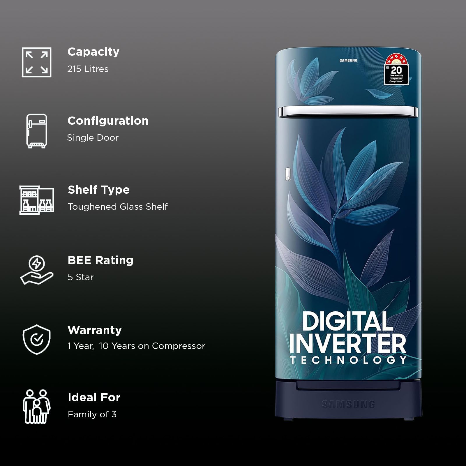 SAMSUNG Horizontal Curve 215 Litres 5 Star Direct Cool Single Door Refrigerator with Anti Bacterial Gasket (RR23D2H359U/HL, Paradise Bloom Blue)_2