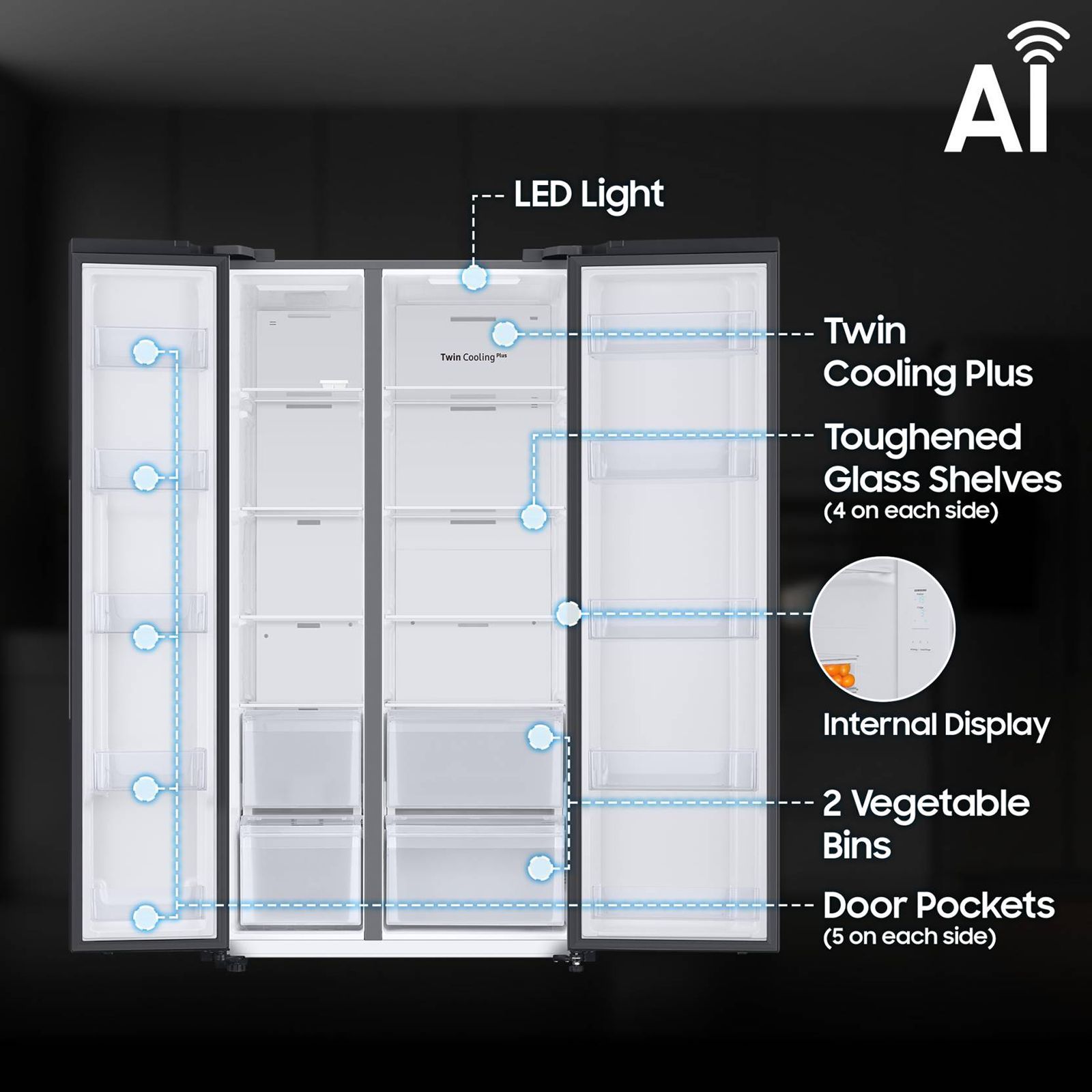 SAMSUNG 653 Litres 3 Star Frost Free Side by Side Convertible Refrigerator with Twin Cooling Plus Technology (RS76CG8003B1/HL, Black Matt)_17