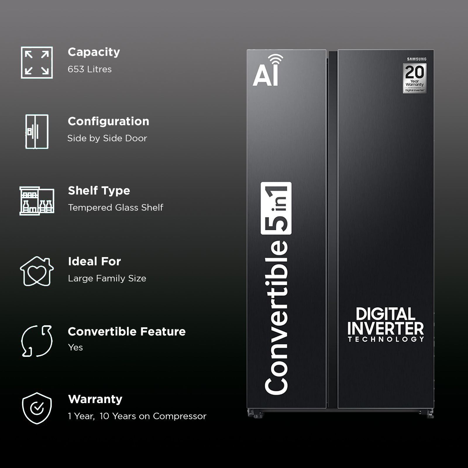 SAMSUNG 653 Litres 3 Star Frost Free Side by Side Convertible Refrigerator with Twin Cooling Plus Technology (RS76CG8003B1/HL, Black Matt)_2