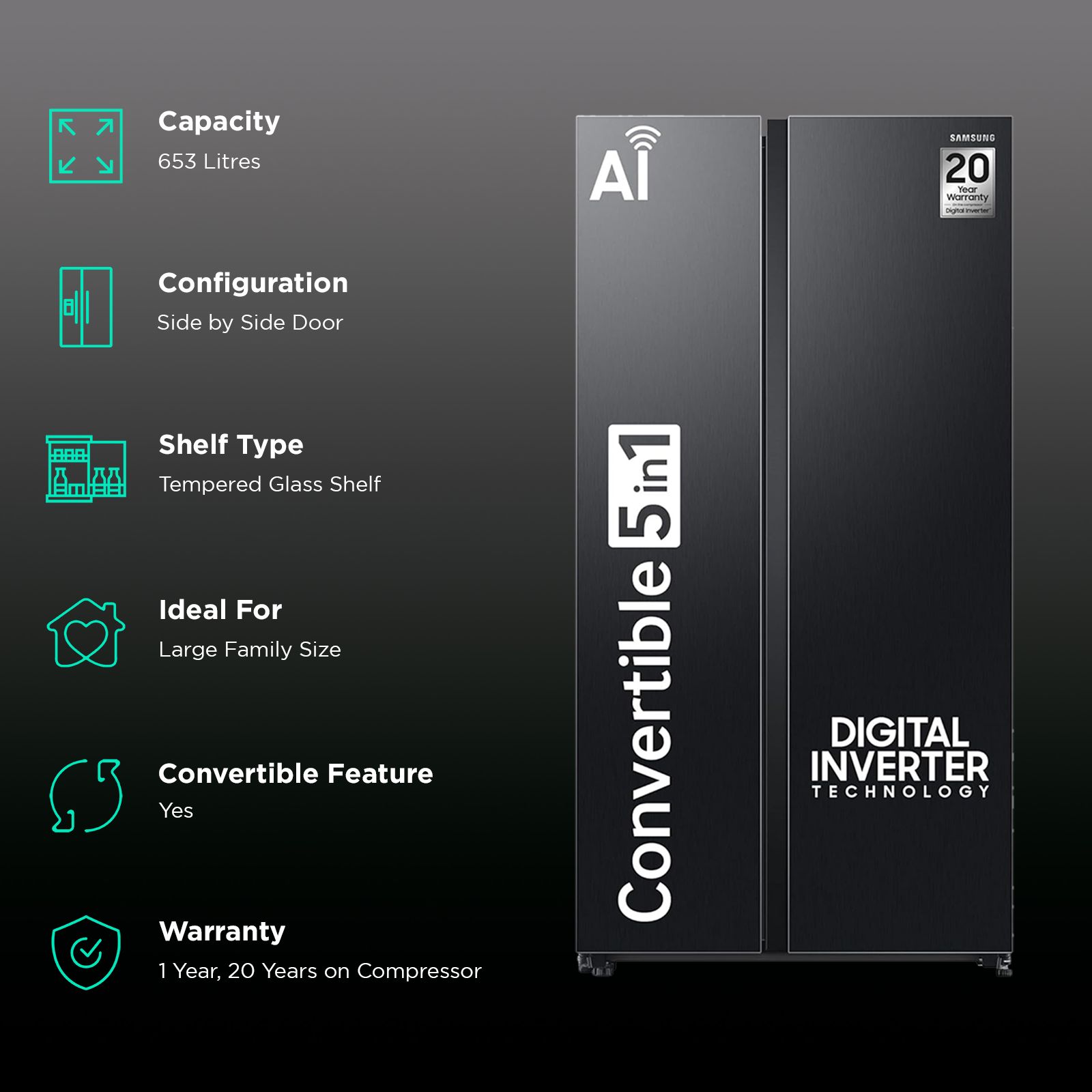 SAMSUNG 653 Litres 3 Star Frost Free Side by Side Convertible Refrigerator with Twin Cooling Plus Technology (RS76CG8003B1/HL, Black Matt)_2