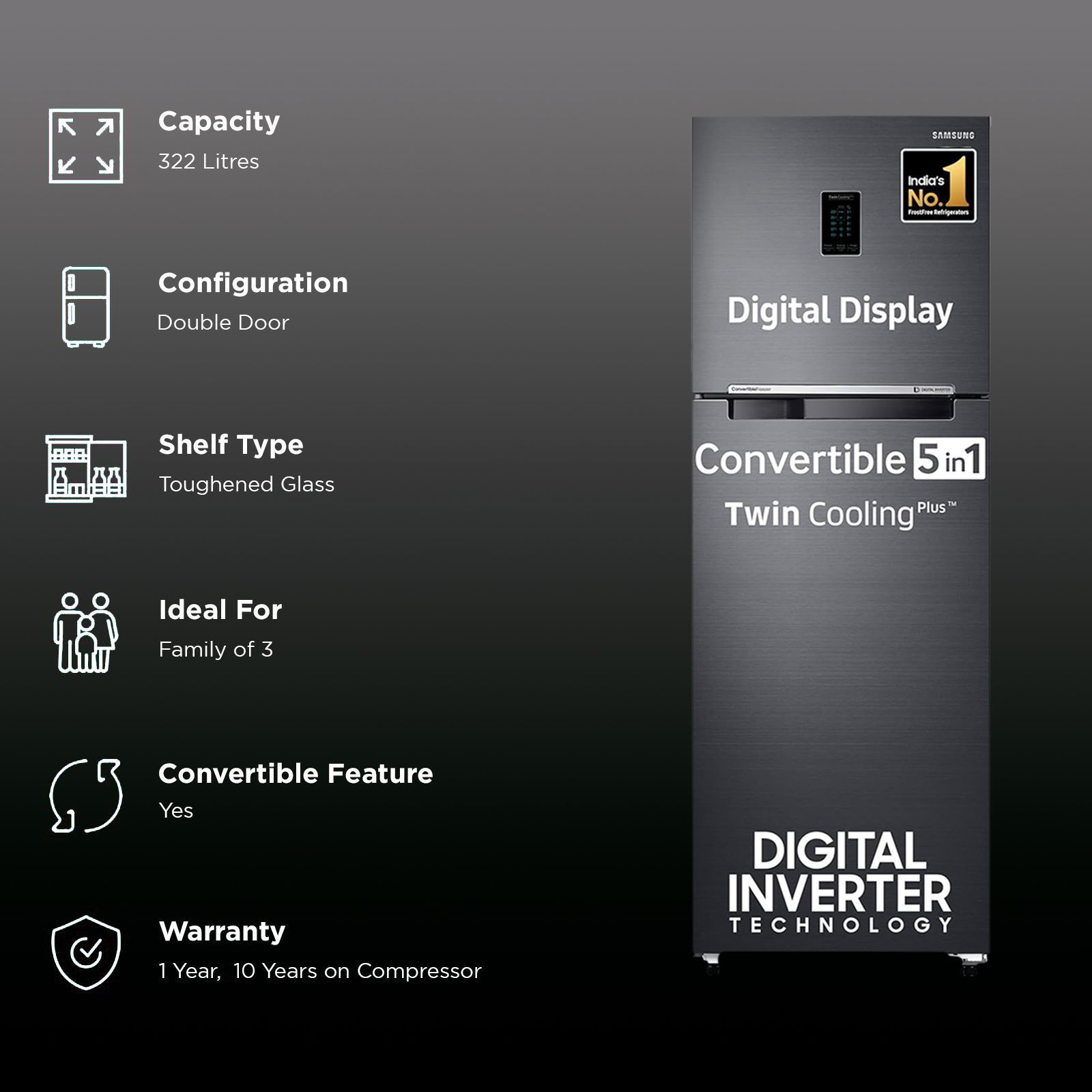 SAMSUNG 322 Litres 3 Star Frost Free Double Door Convertible Refrigerator with Twin Cooling Plus Technology (RT37C4523B1/HL, Black Matt)_2