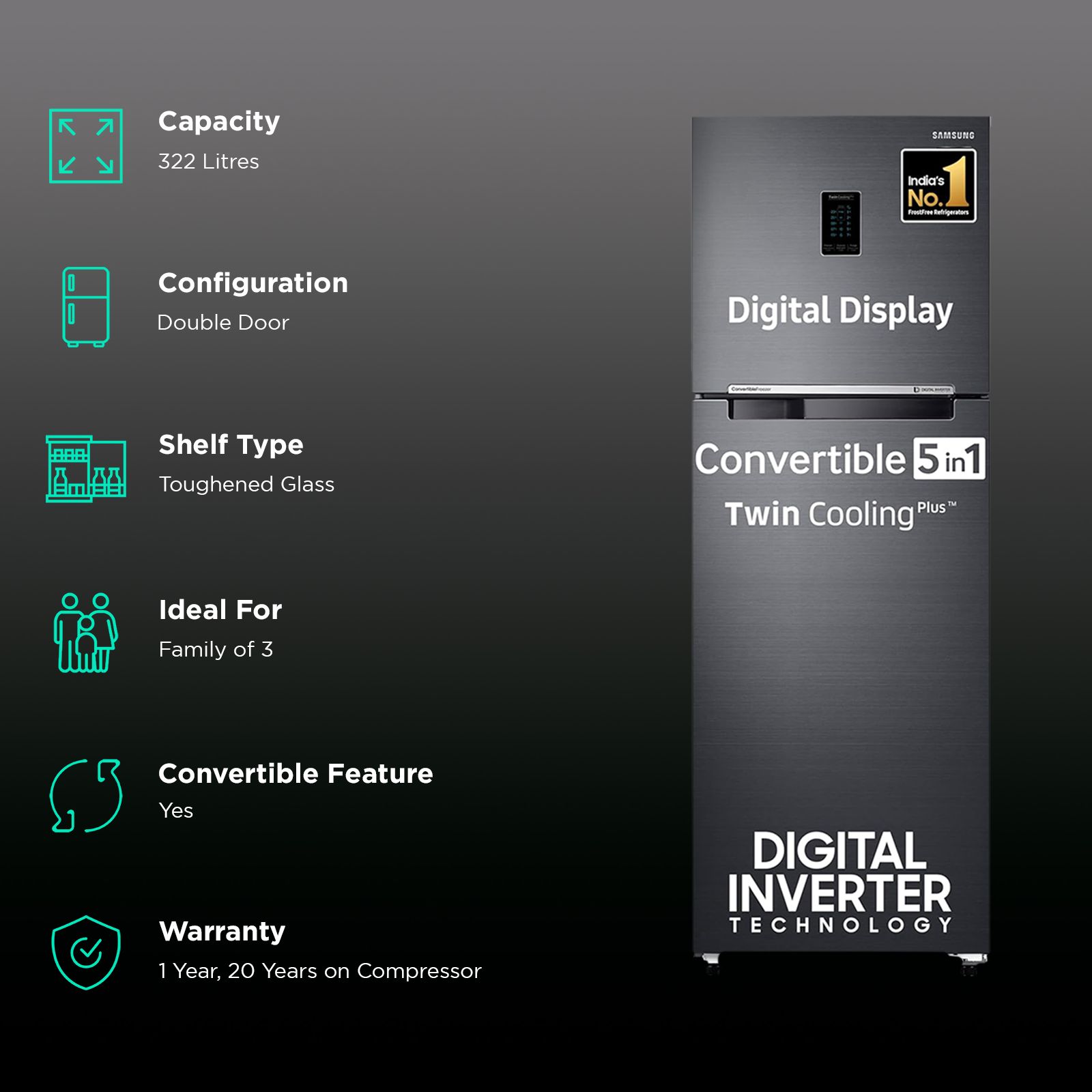 SAMSUNG 322 Litres 3 Star Frost Free Double Door Convertible Refrigerator with Twin Cooling Plus Technology (RT37C4523B1/HL, Black Matt) SAMSUNG 322 Litres 3 Star Frost Free Double Door Convertible Refrigerator with Twin Cooling Plus Technology (RT37C4523B1/HL, Black Matt)_2