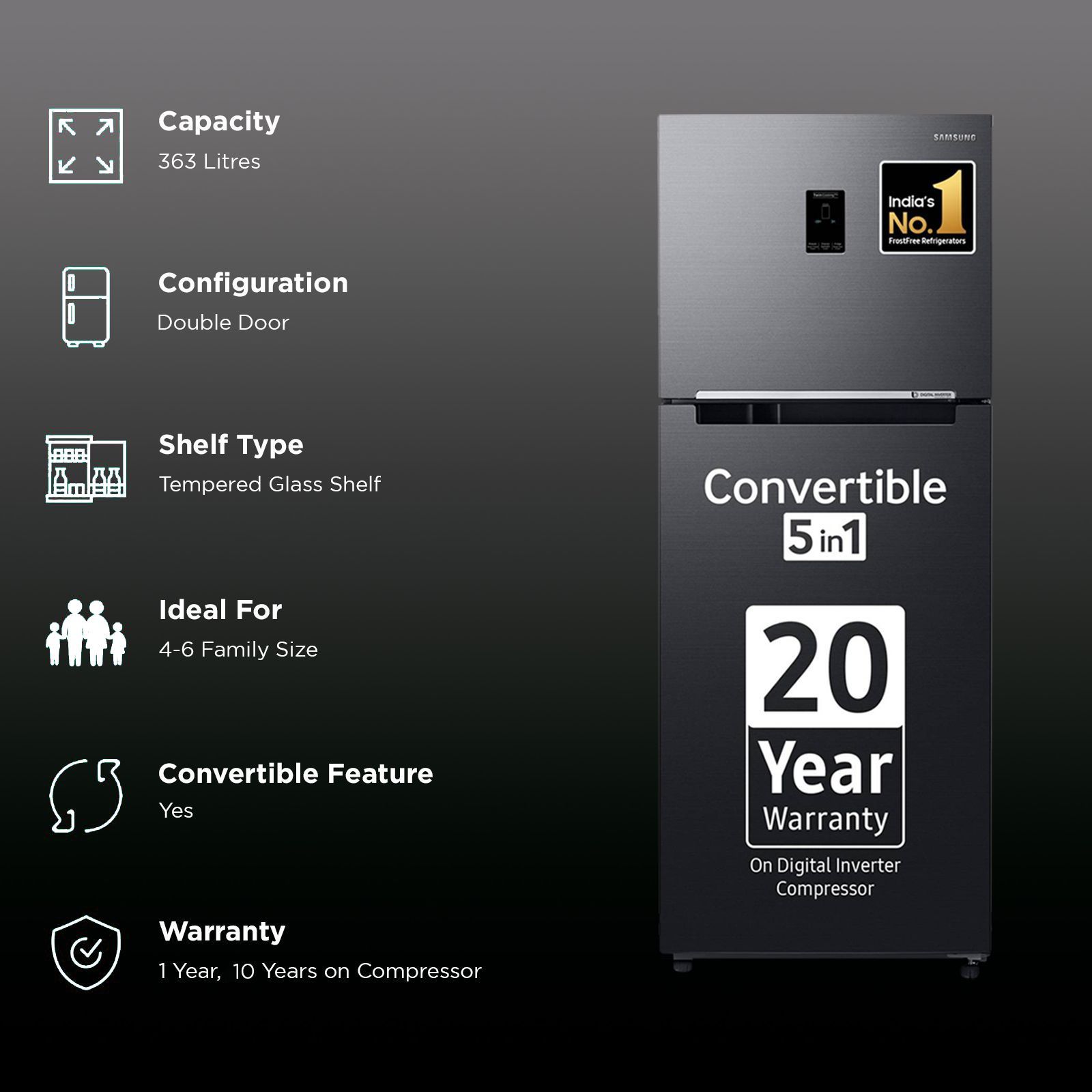 SAMSUNG 363 Litres 3 Star Frost Free Double Door Convertible Refrigerator with Anti Bacterial Gasket (RT39C553EBX/HL, Luxe Black)_2