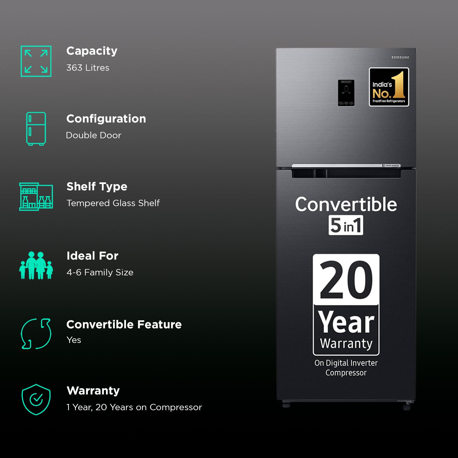 SAMSUNG 363 Litres 3 Star Frost Free Double Door Convertible Refrigerator with Anti Bacterial Gasket (RT39C553EBX/HL, Luxe Black) SAMSUNG 363 Litres 3 Star Frost Free Double Door Convertible Refrigerator with Anti Bacterial Gasket (RT39C553EBX/HL, Luxe Black)_2