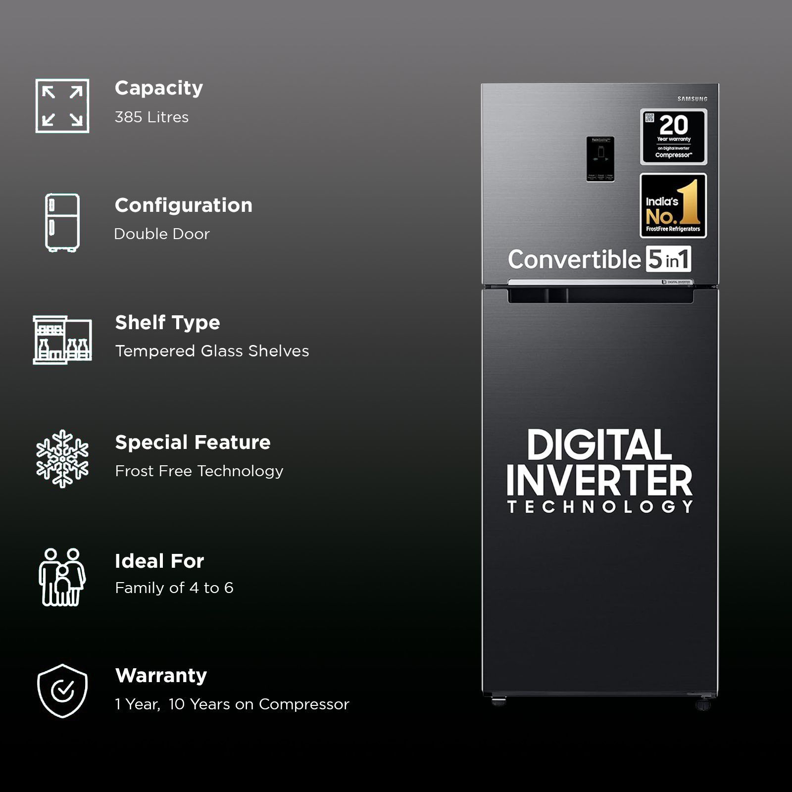 SAMSUNG 385 Litres 2 Star Frost Free Double Door Convertible Refrigerator with Twin Cooling Plus Technology (RT42C5532BXHL, Luxe Black) SAMSUNG 385 Litres 2 Star Frost Free Double Door Convertible Refrigerator with Twin Cooling Plus Technology (RT42C5532BXHL, Luxe Black)_2