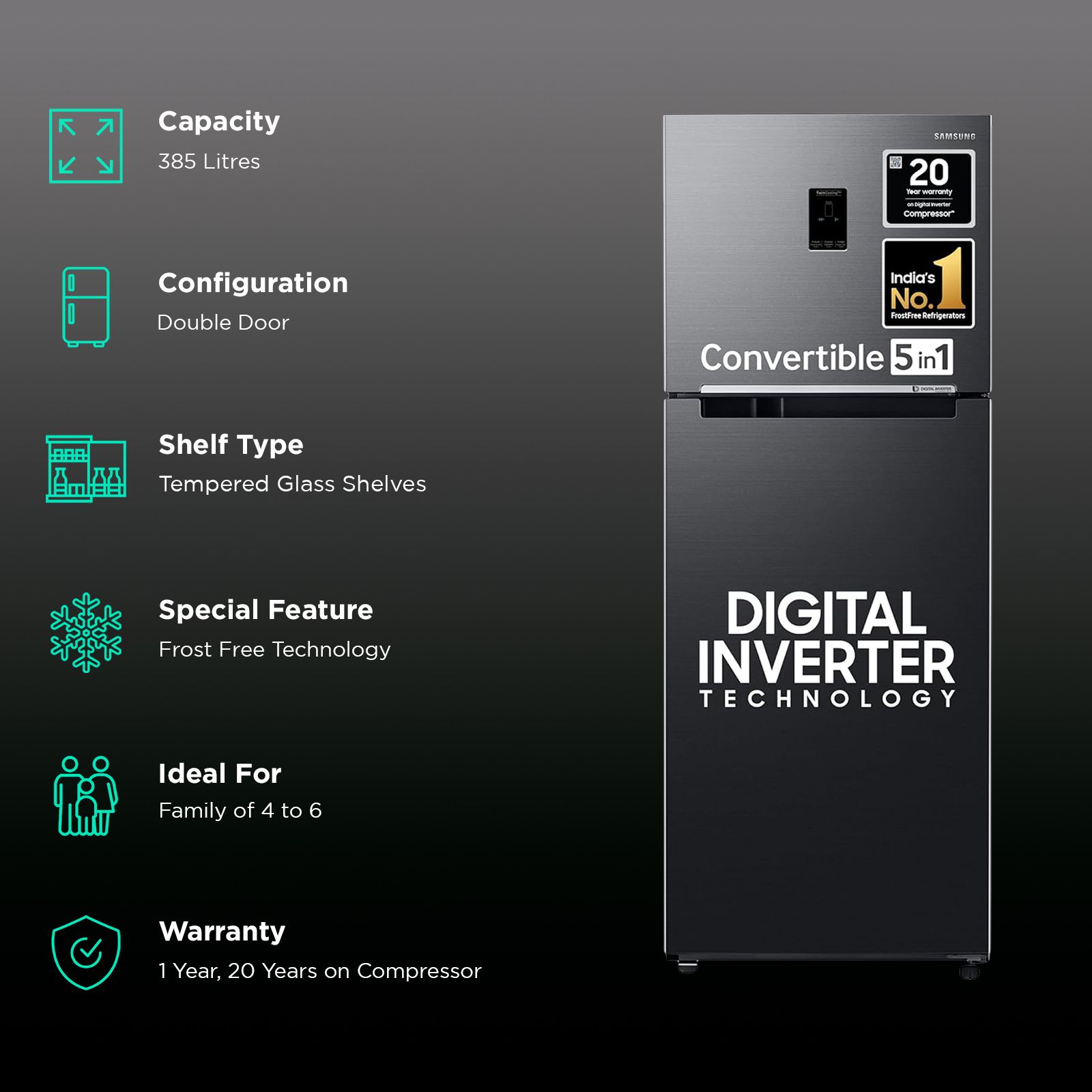 SAMSUNG 385 Litres 2 Star Frost Free Double Door Convertible Refrigerator with Twin Cooling Plus Technology (RT42C5532BXHL, Luxe Black)_2