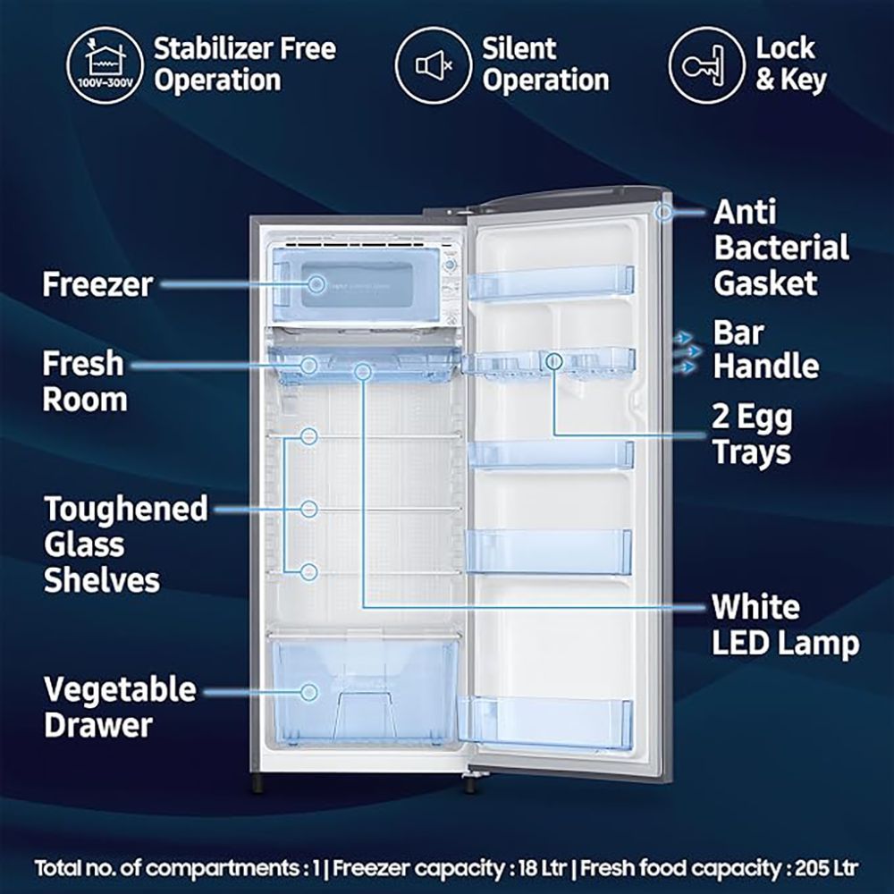 SAMSUNG Stylish Grande 223 Litres 3 Star Direct Cool Single Door Refrigerator with Anti Bacterial Gasket (RR24C2723S8/NL, Elegant Inox)_12