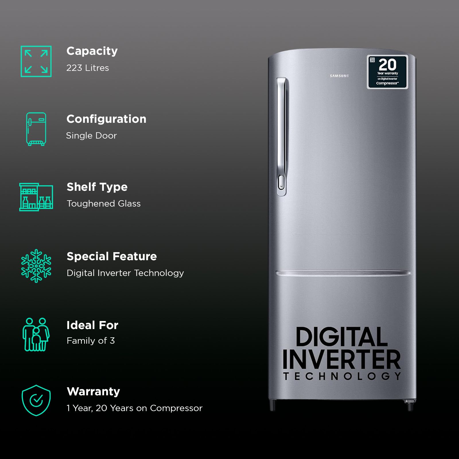 SAMSUNG Stylish Grande 223 Litres 3 Star Direct Cool Single Door Refrigerator with Anti Bacterial Gasket (RR24C2723S8/NL, Elegant Inox)_2